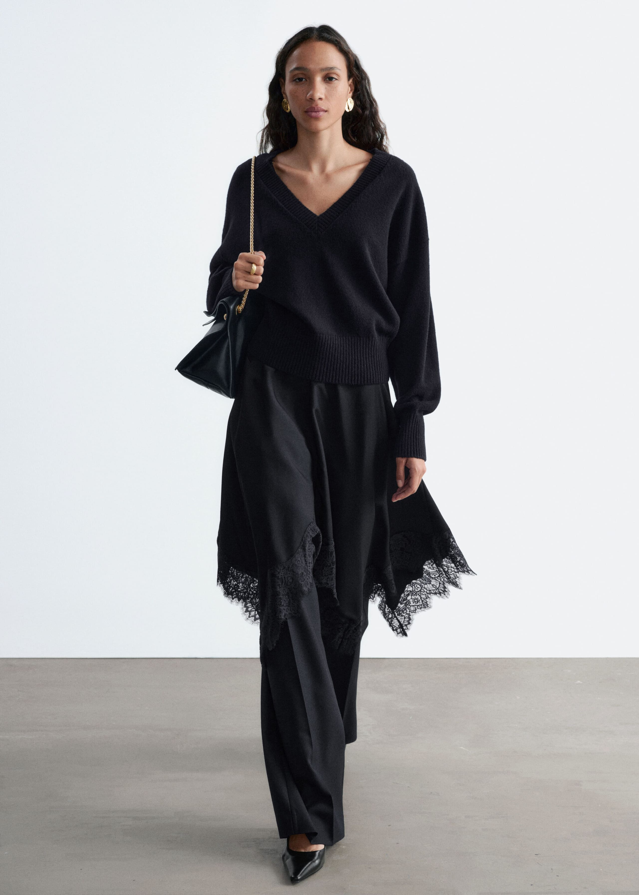 Wool-Cotton V-Neck Jumper - Black - Still Life
