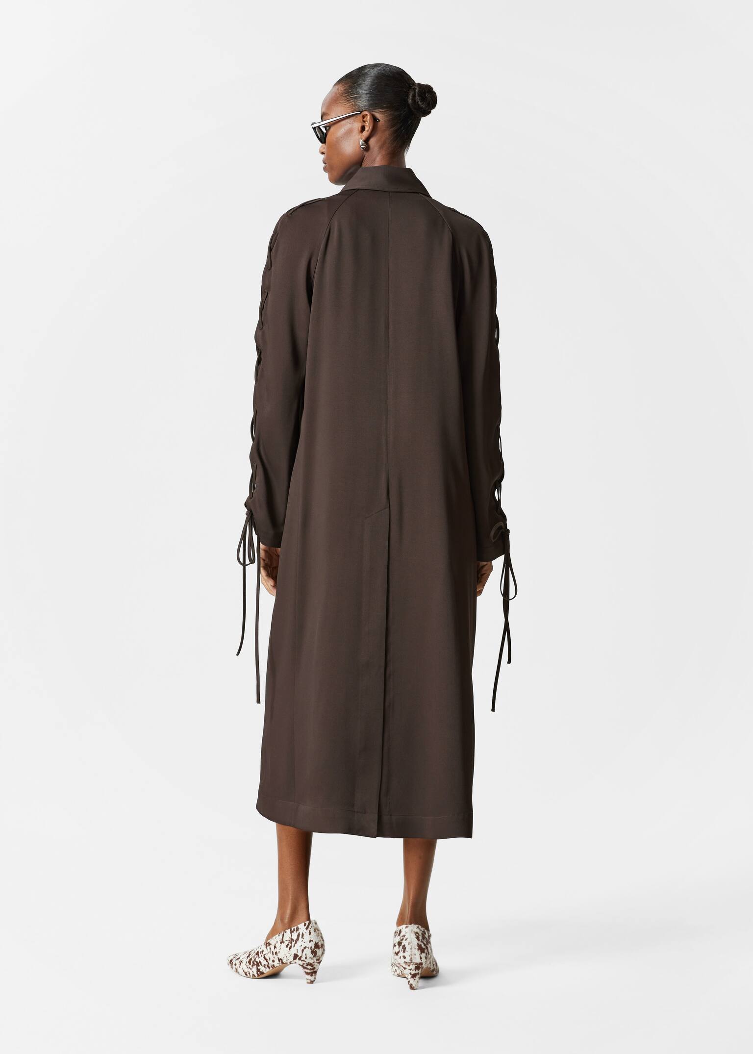 Lace-Up Car Coat - Dark Brown - 3