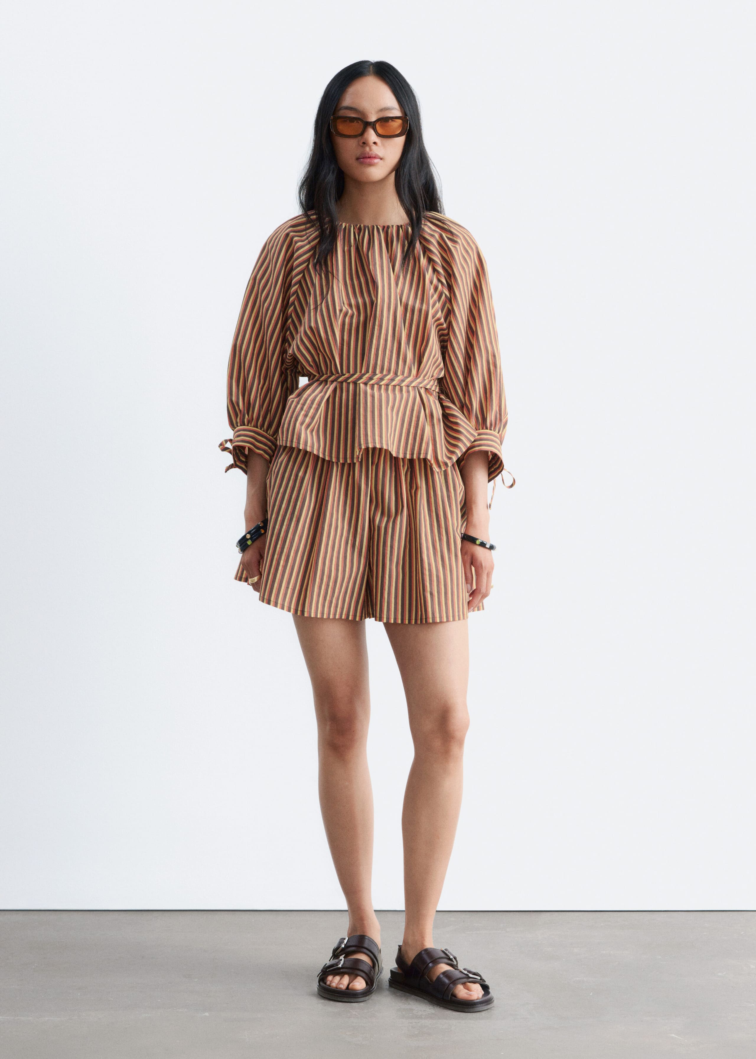 Blouse à cordons de serrage aux poignets - Brun/Rayé - Lookbook