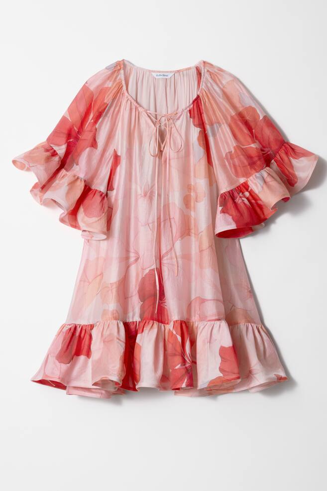 Robe courte à volants - Motif floral rose/rouge - 1