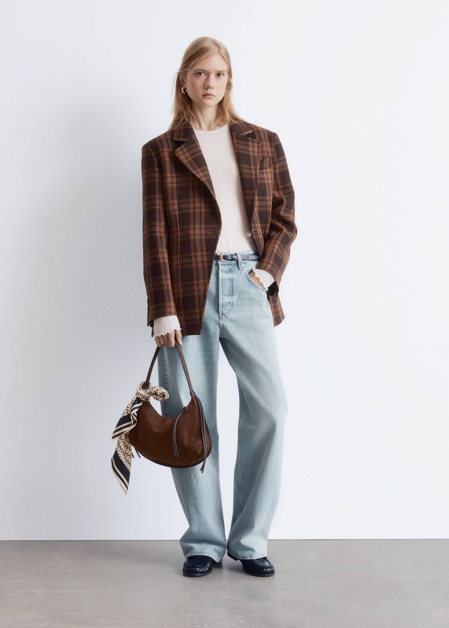 Fitted Shoulder-Pad Blazer - Brown Checked/Dusty Blue - 7