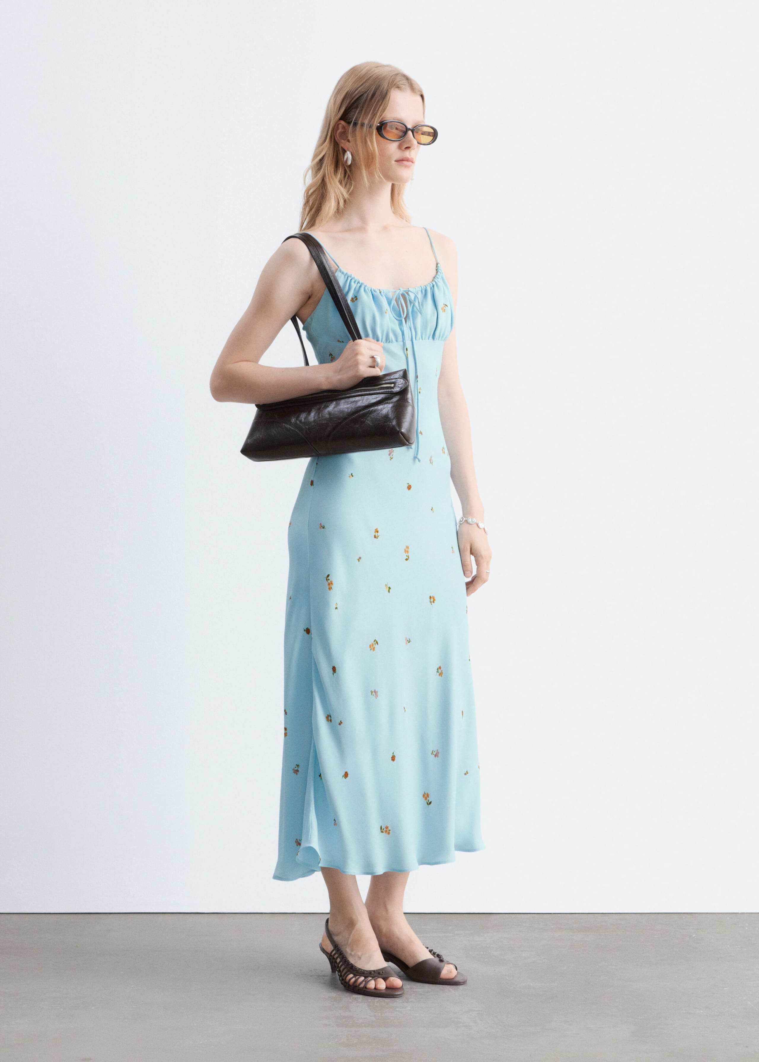 Drawstring Midi Dress - Light Turquoise/Florals - Lookbook