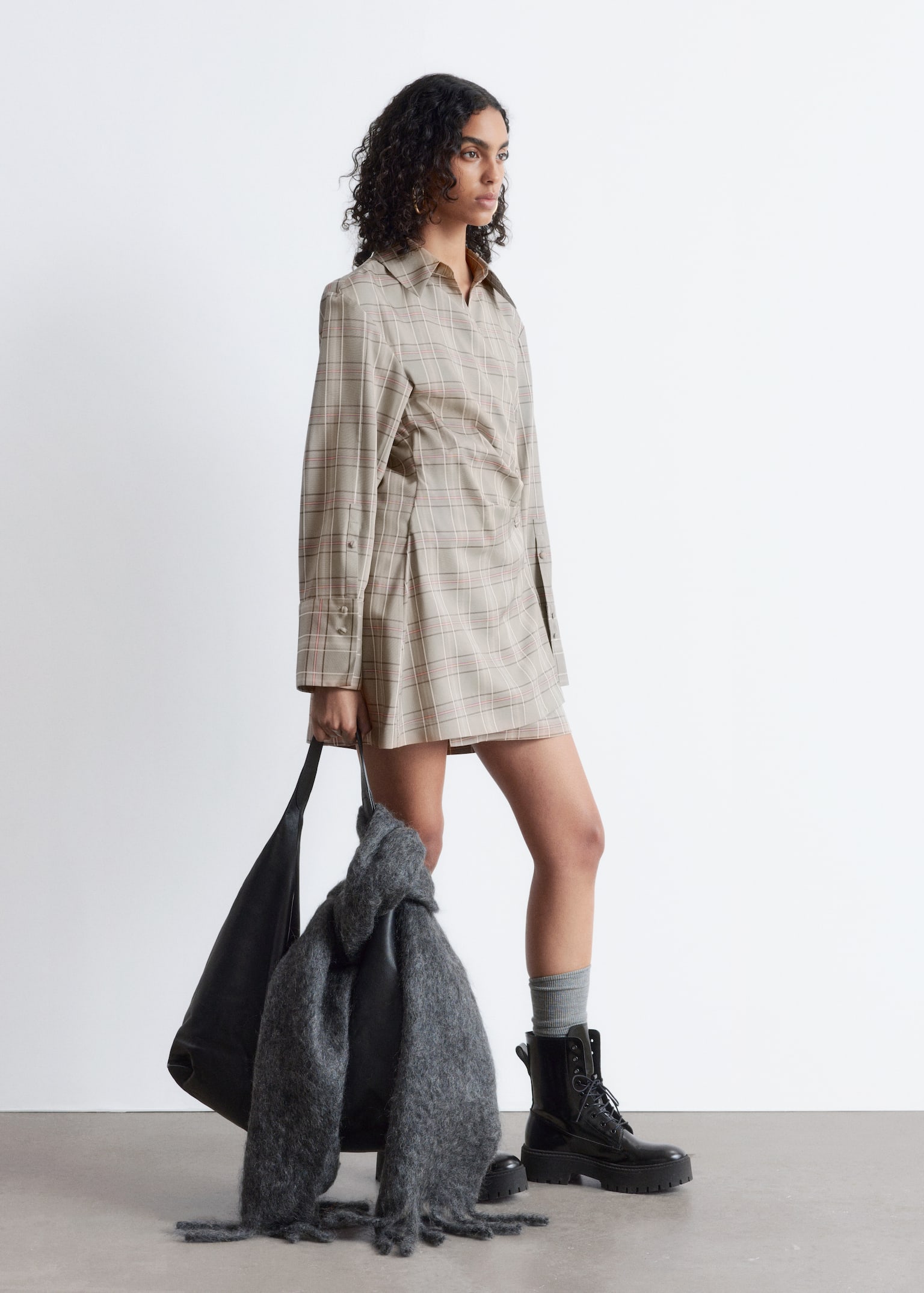 Wrap Shirt Mini Dress - Green/Beige Checked - 4