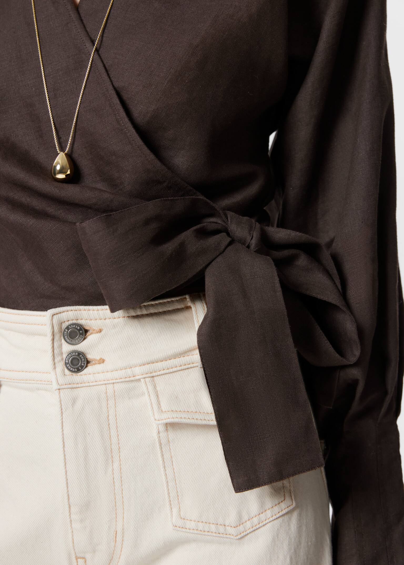 Blusa a portafoglio in lino - Marrone scuro/Blu polvere - 5