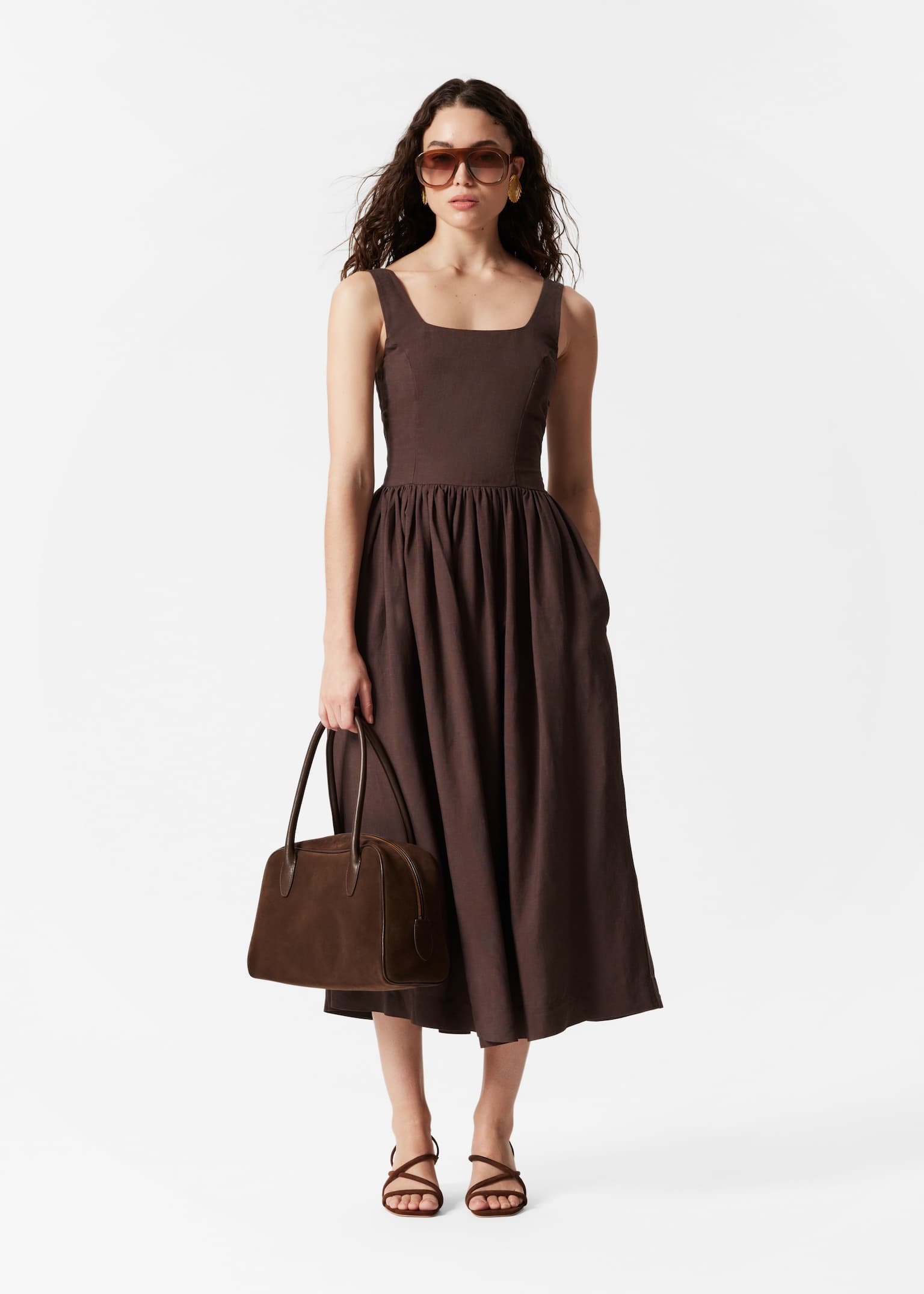 Rochie Midi Evazată - Maro închis/Alb
