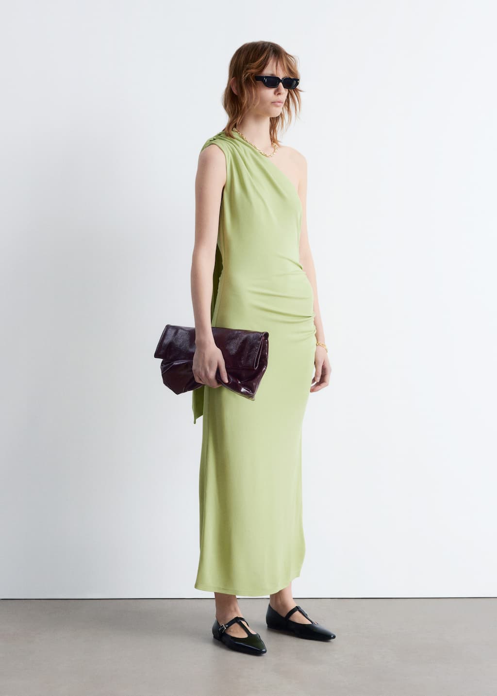 Image of One-Shoulder Scarf-Detail Midi Dress