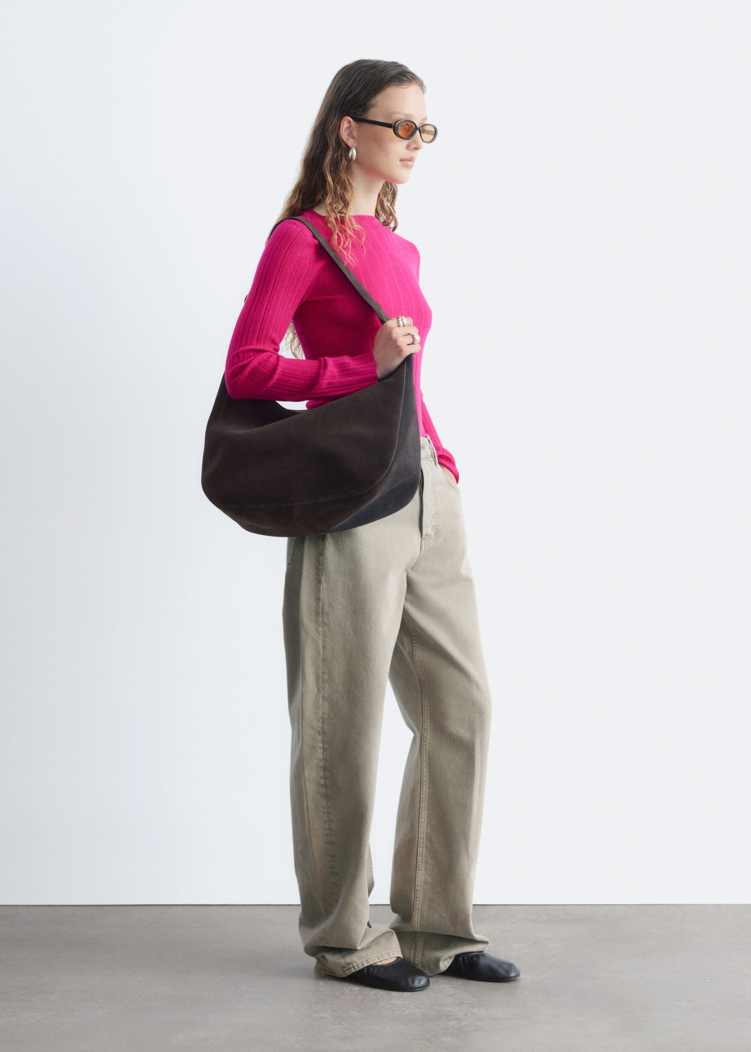 Rib-Knit Wool Boatneck Top - Bright Pink - Lookbook