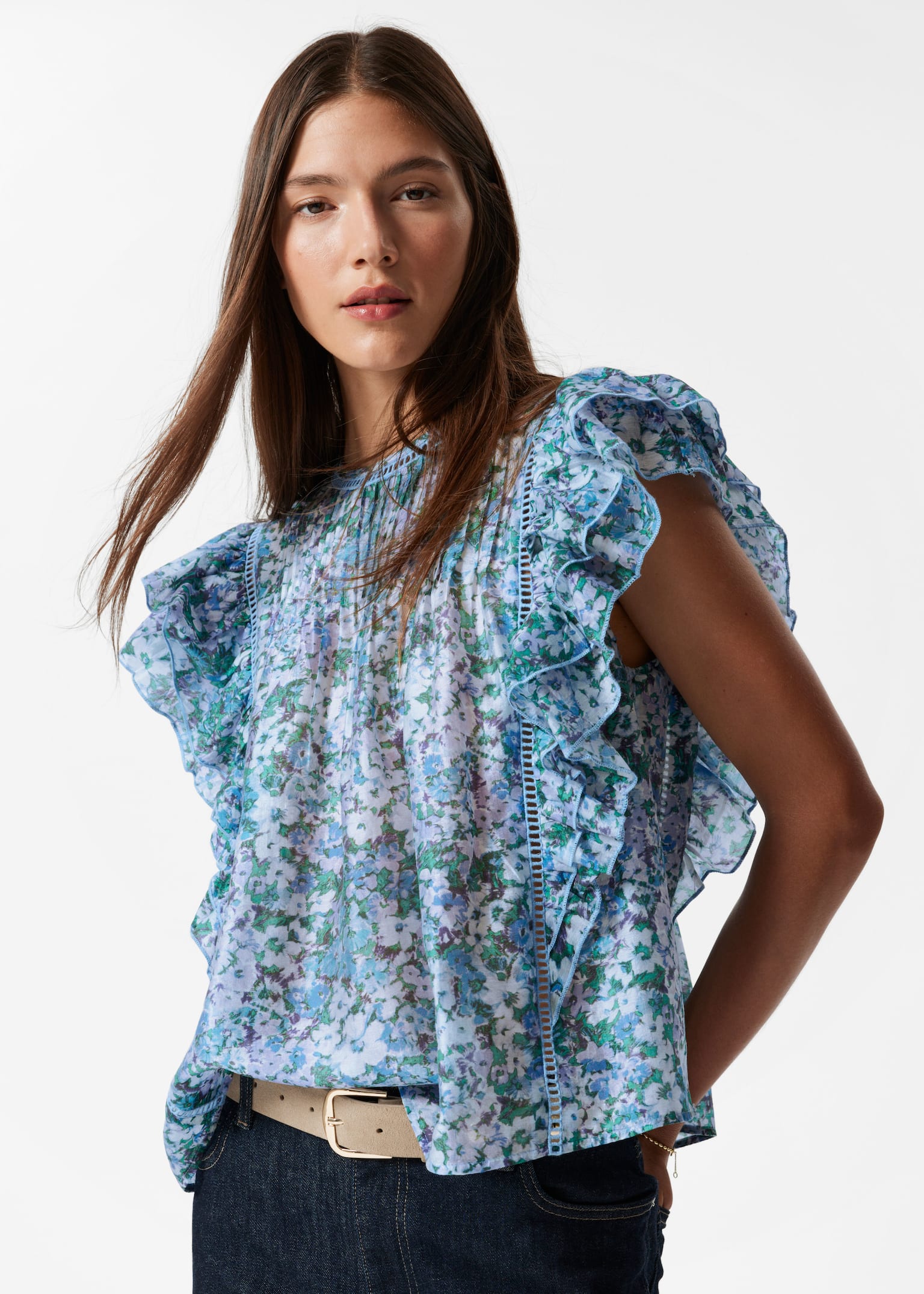 Haut à volants - Motif fleuri bleu/Imprimé floral