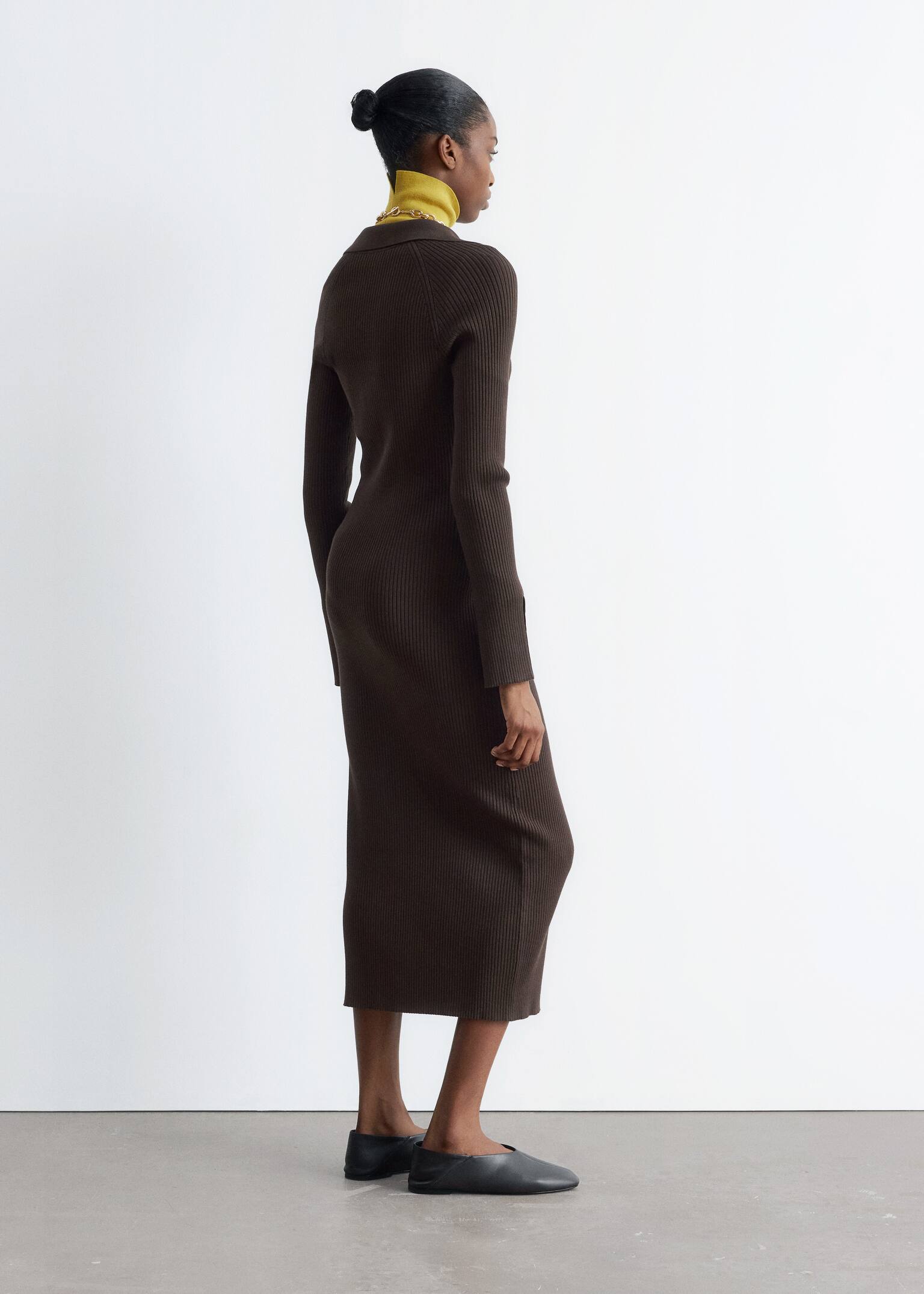 Rib-Knit Polo Midi Dress - Maro închis/Bej închis - 4