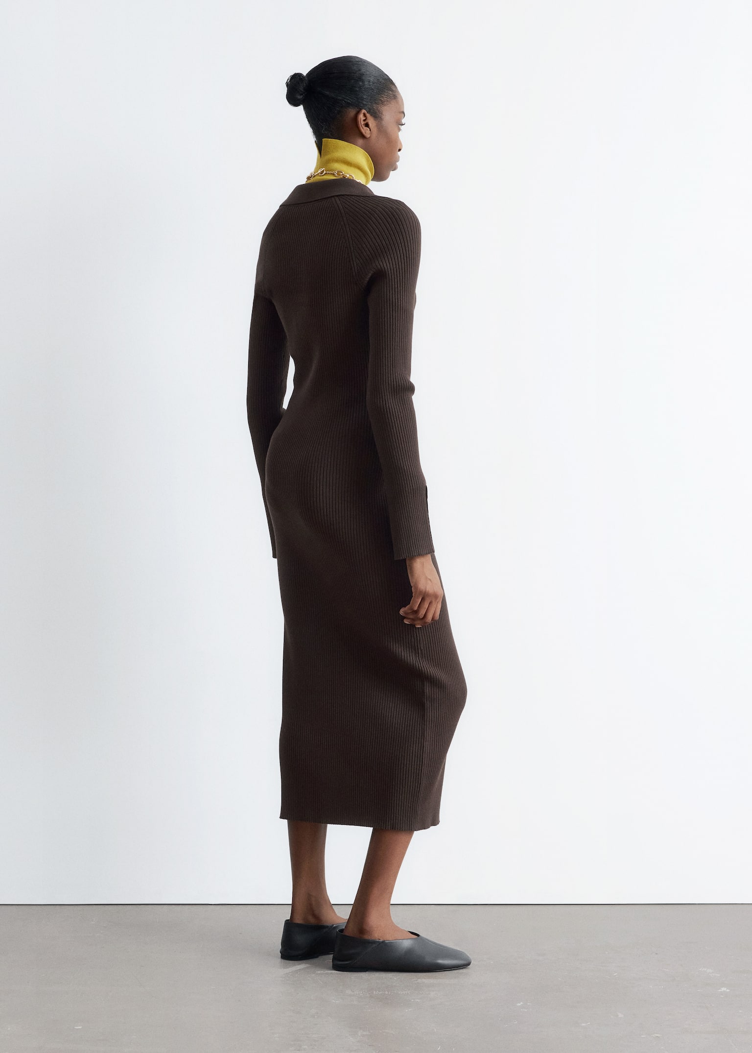 Rib-Knit Polo Midi Dress - Dark Brown/Dark Beige - 4