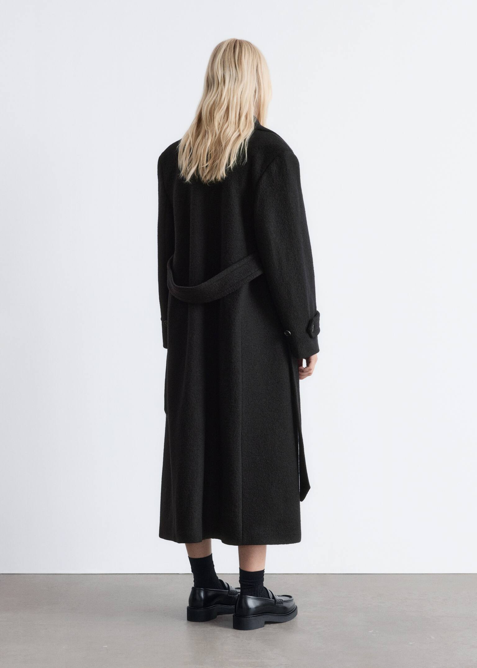 Tie-Belt Wool Coat - Black - 3
