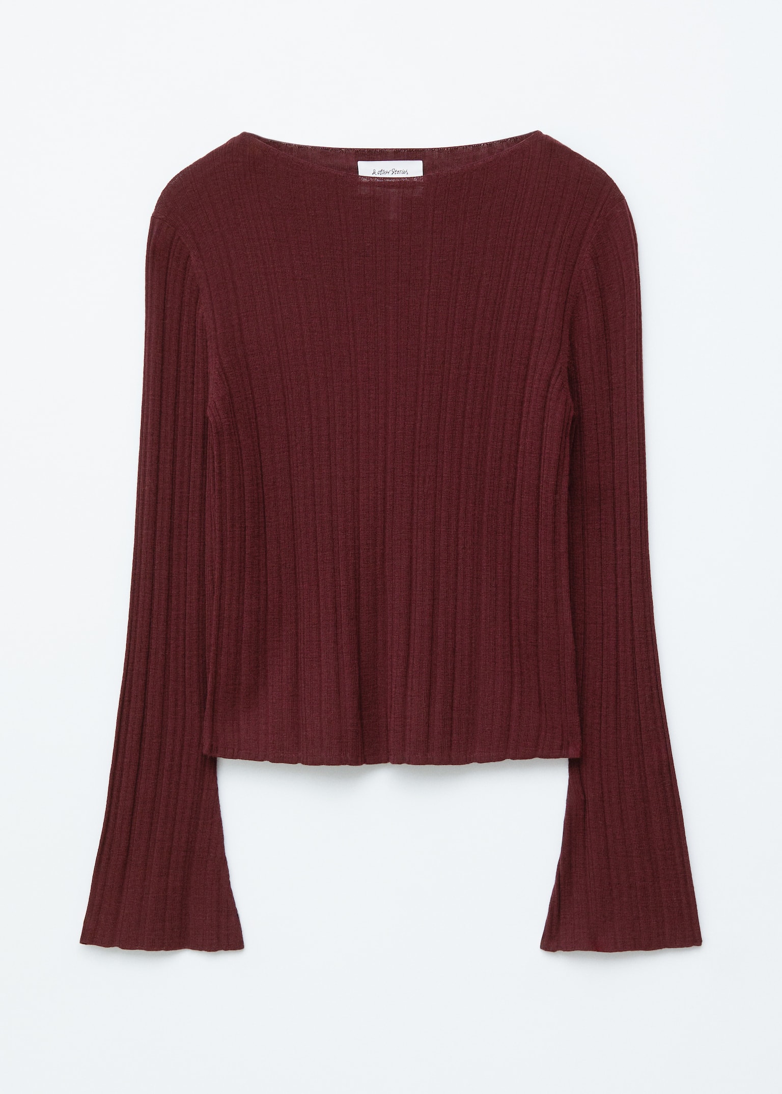 Rib-Knit Wool Boatneck Top - Dark Red/Dark Brown - 2