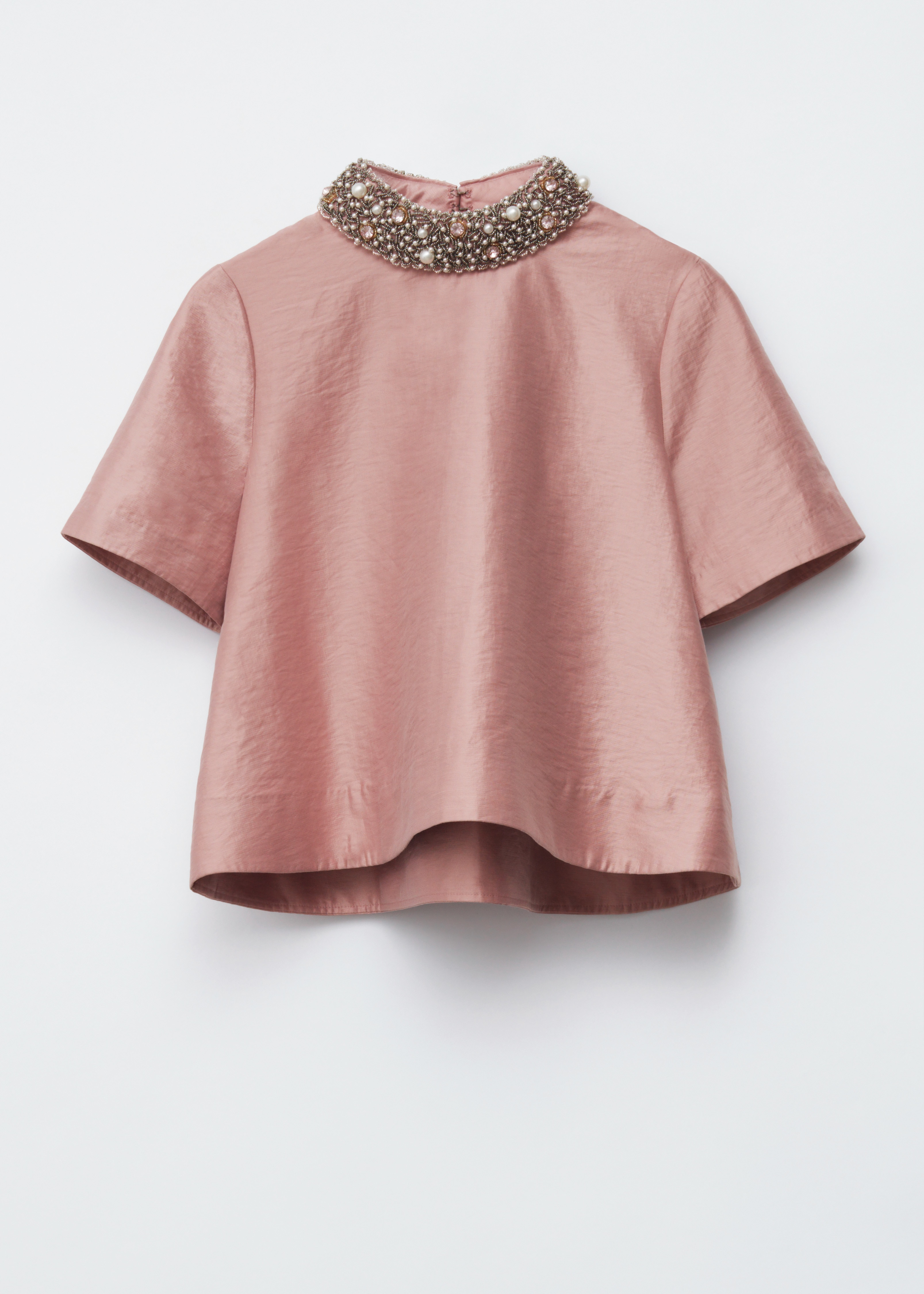 Blusa a maniche corte ricamata con perle - Rosa polvere