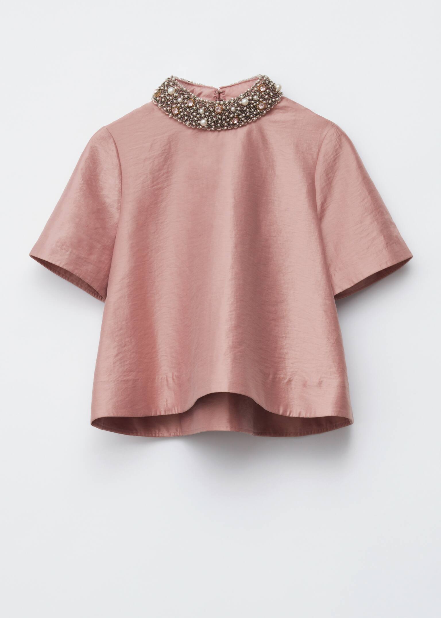 Short-Sleeve Pearl-Embroidered Blouse - Dusty Pink - 2