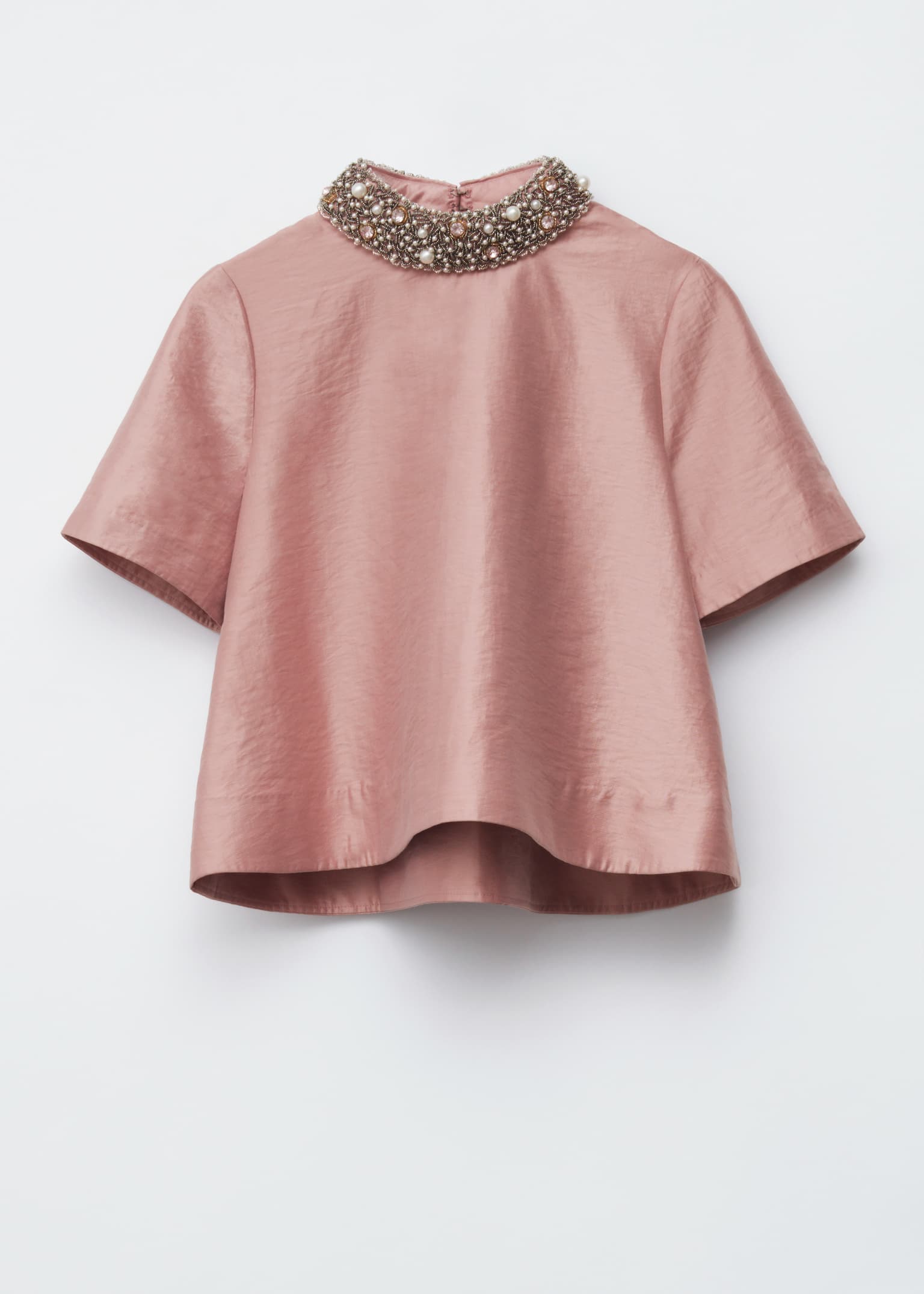 Short-Sleeve Pearl-Embroidered Blouse - Dusty Pink - 2