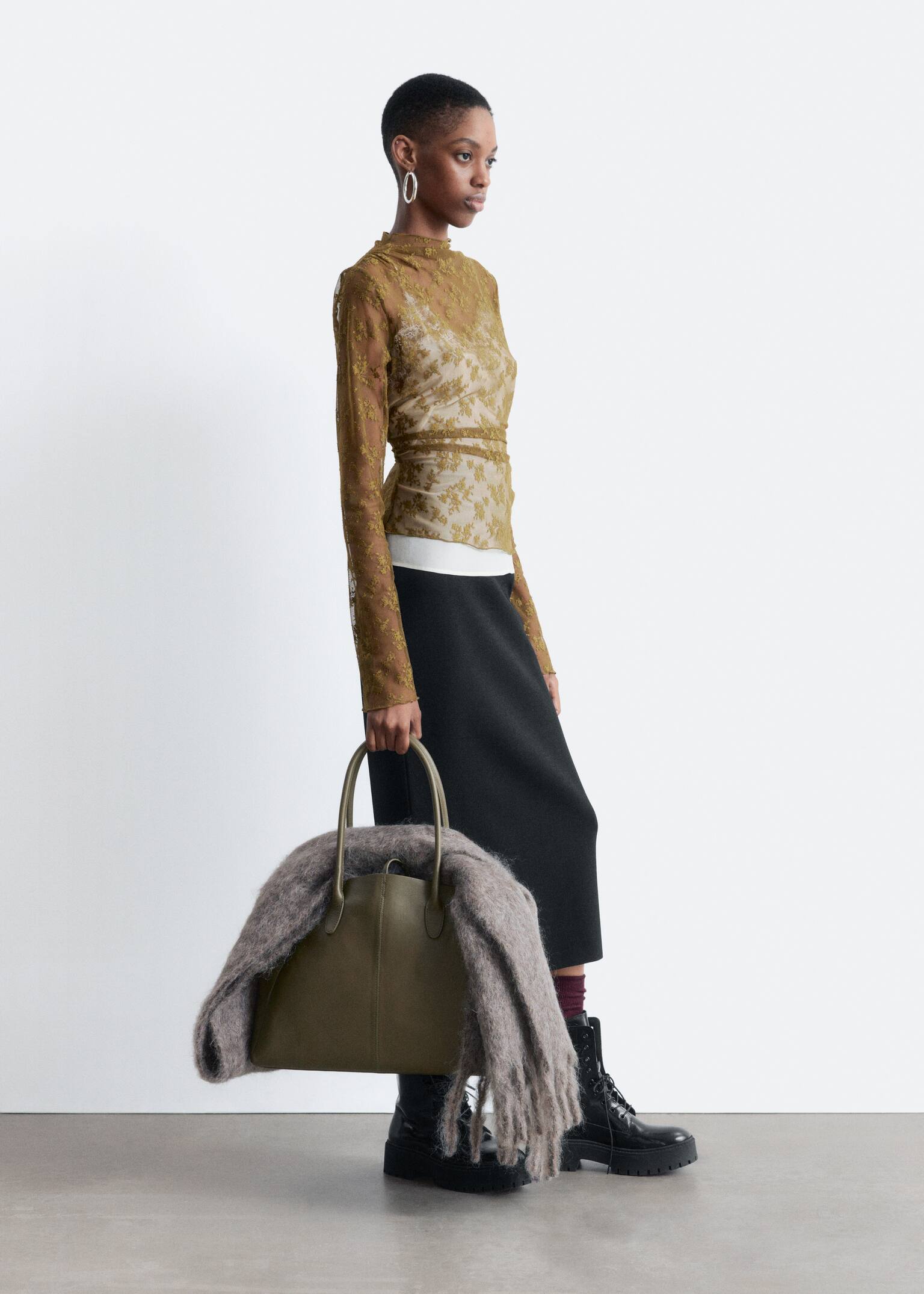 Long-Sleeve Lace Top - Khaki Brown - 5
