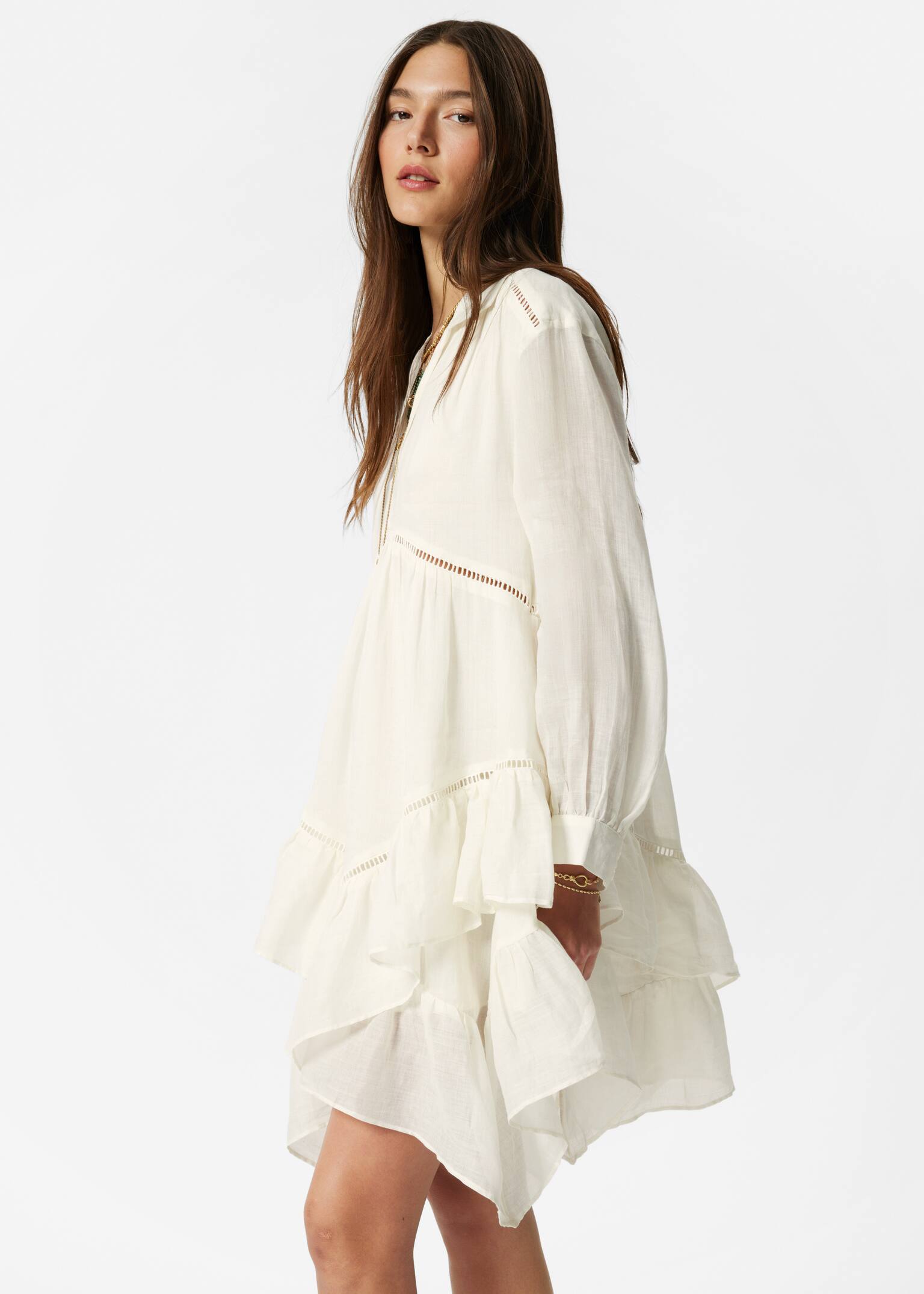 Rochie mini din ramie cu volane - White/Negru - 3