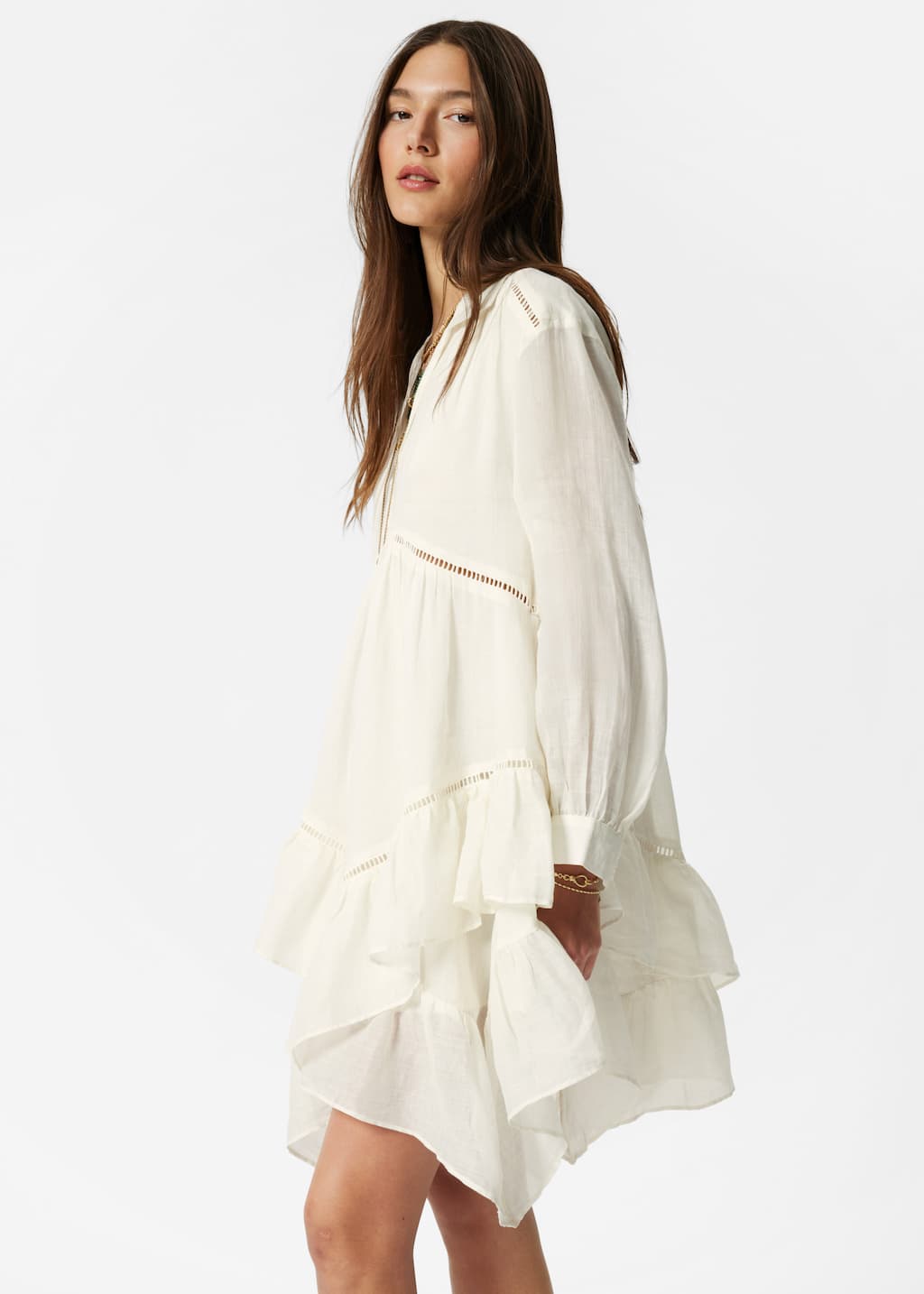 Minikleid aus Ramie mit Rüschen - Weiß - Lookbook