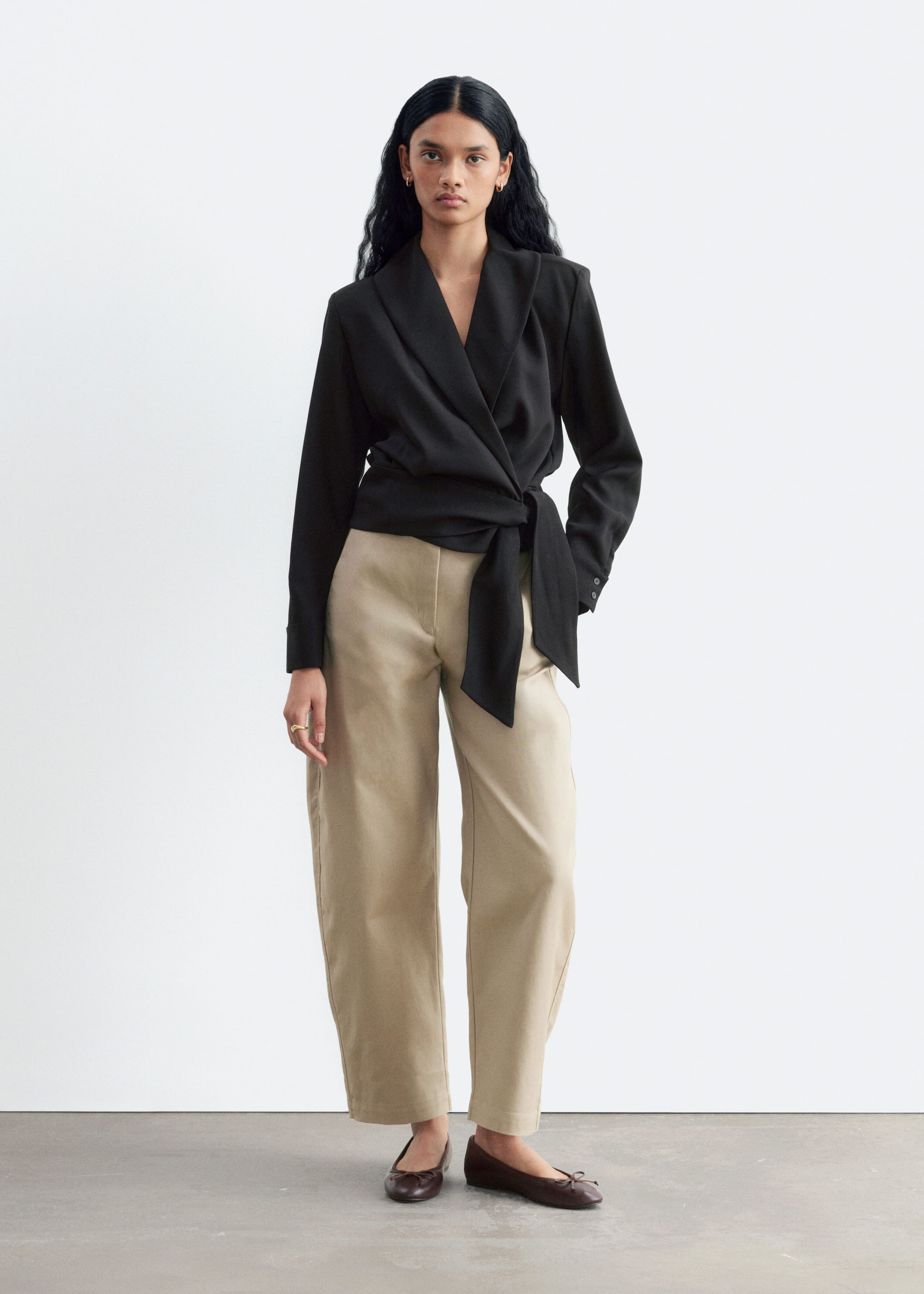 Shawl-Collar Wrap Blouse - Black - Lookbook