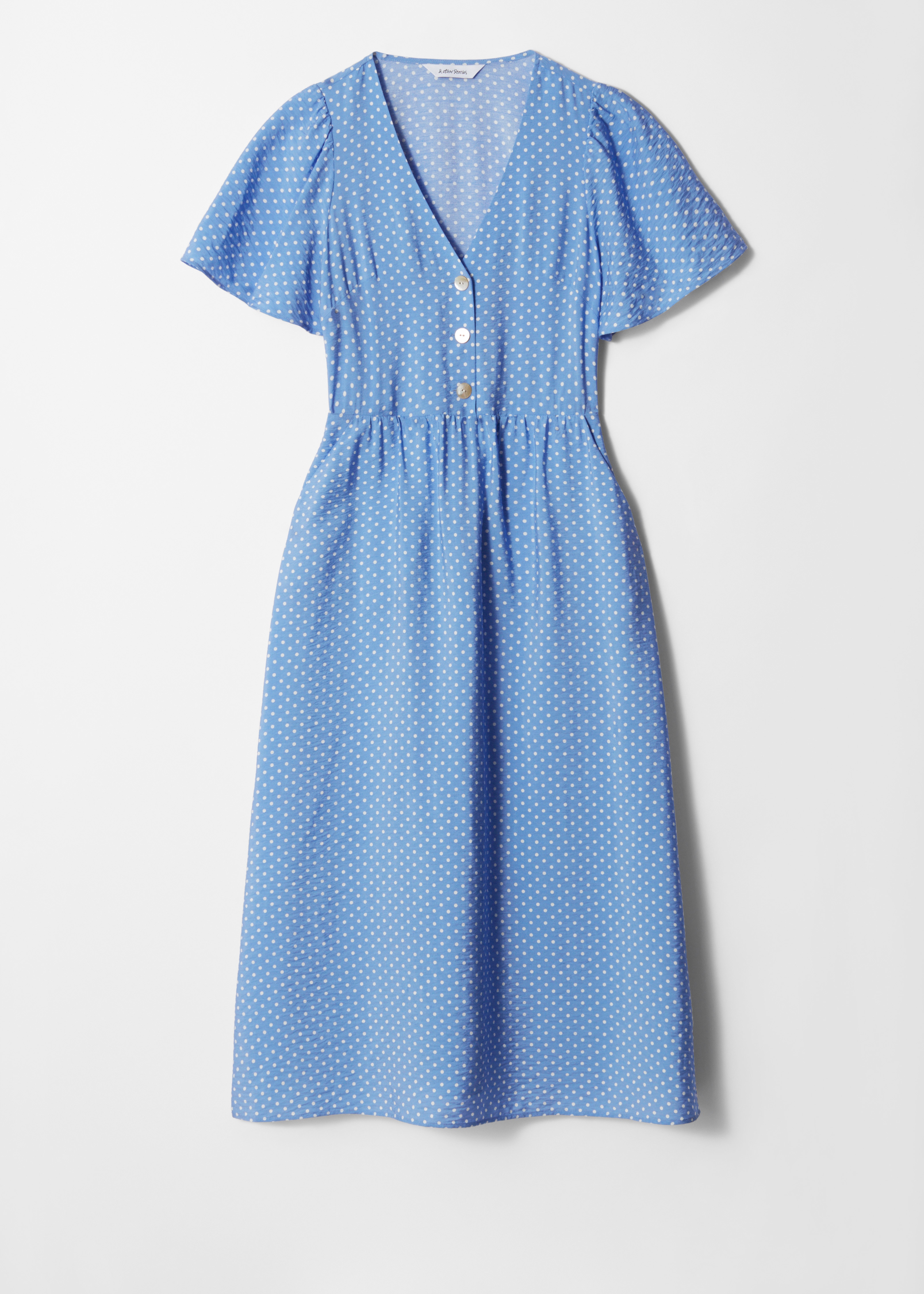 Vestido midi com decote em V - Azul às bolinhas/Estampado azul marinho/Preto