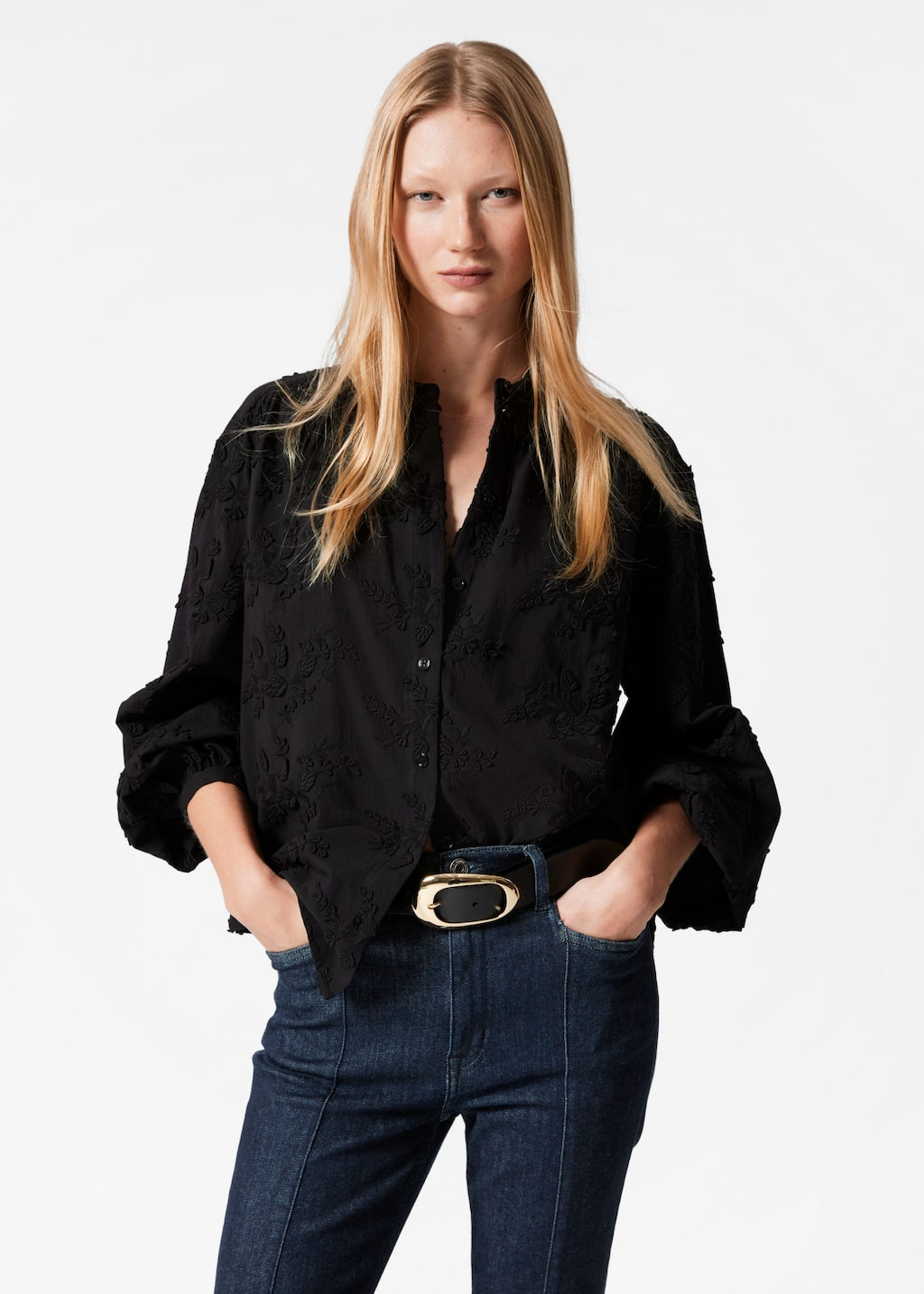 Voluminous Floral-Appliqué Blouse - Black - Lookbook