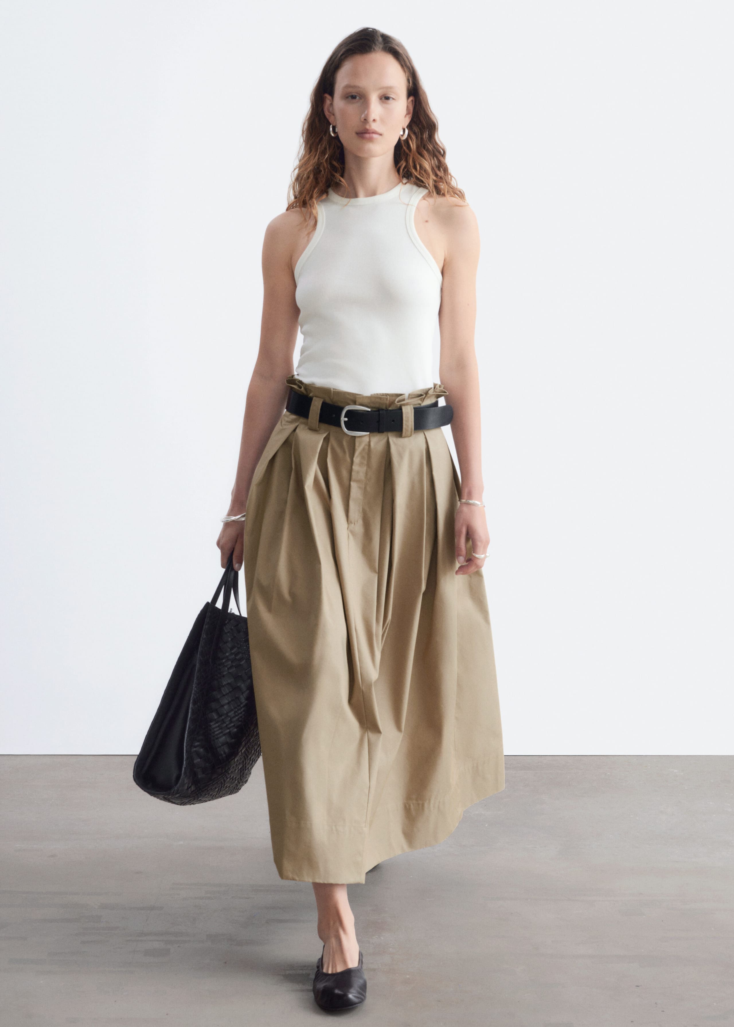 Pleated Midi Skirt - Beige - Lookbook