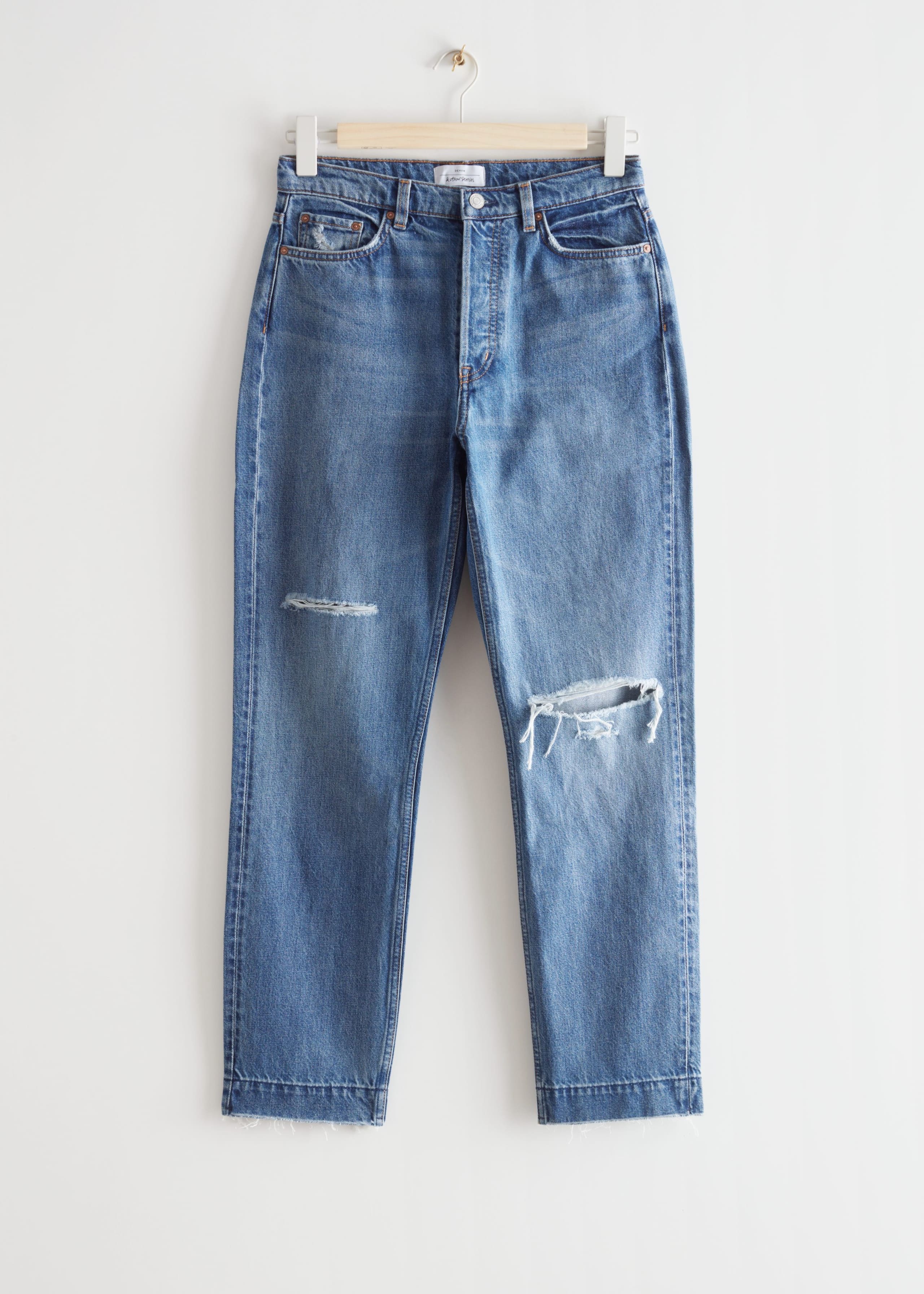 Mid Waist Tapered Jeans - Distressed Blue - Natura morta