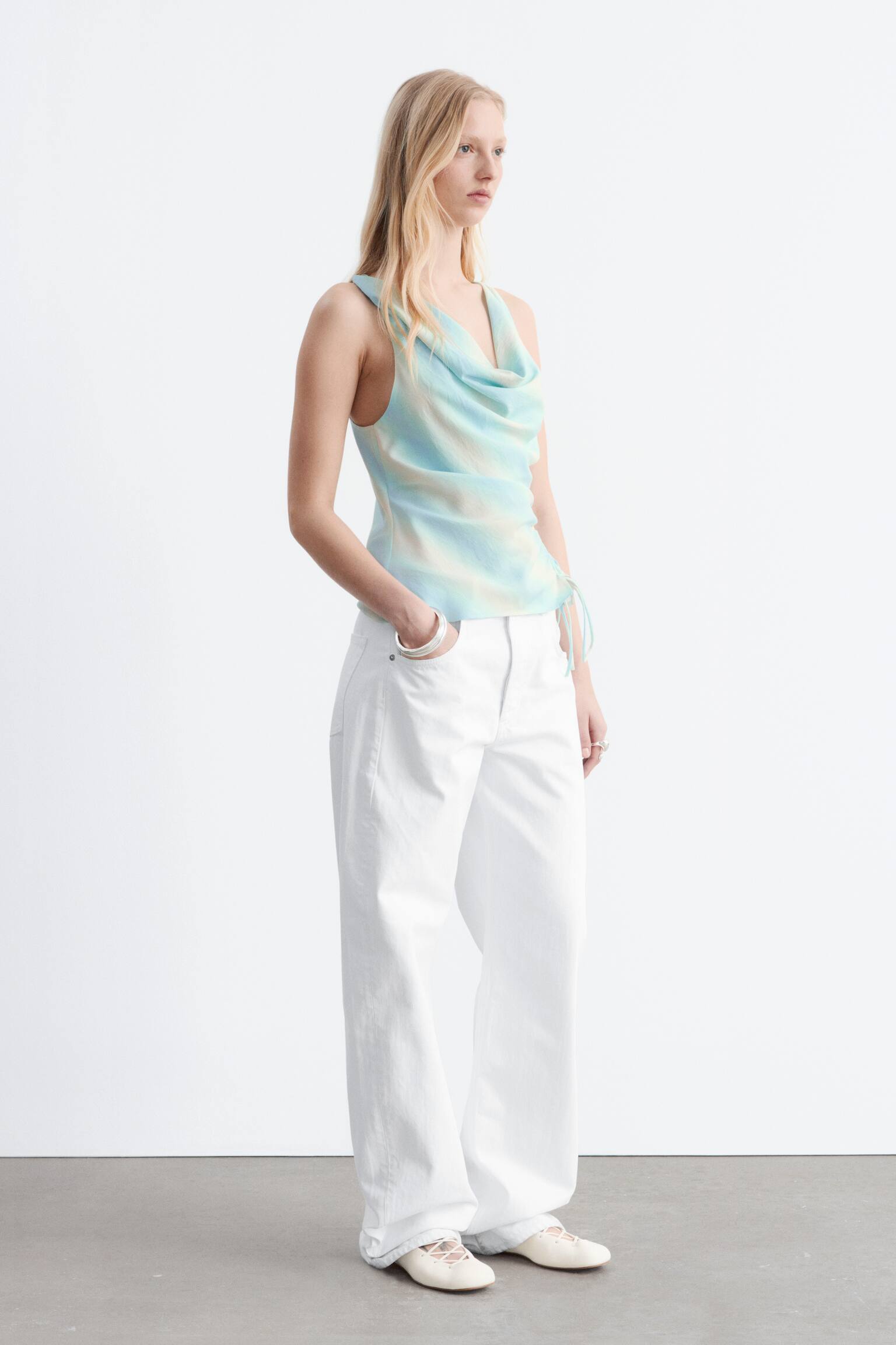 Cowl-Neck Drawstring Top - Light Turquoise/Black/Floral Print/Yellow - 6