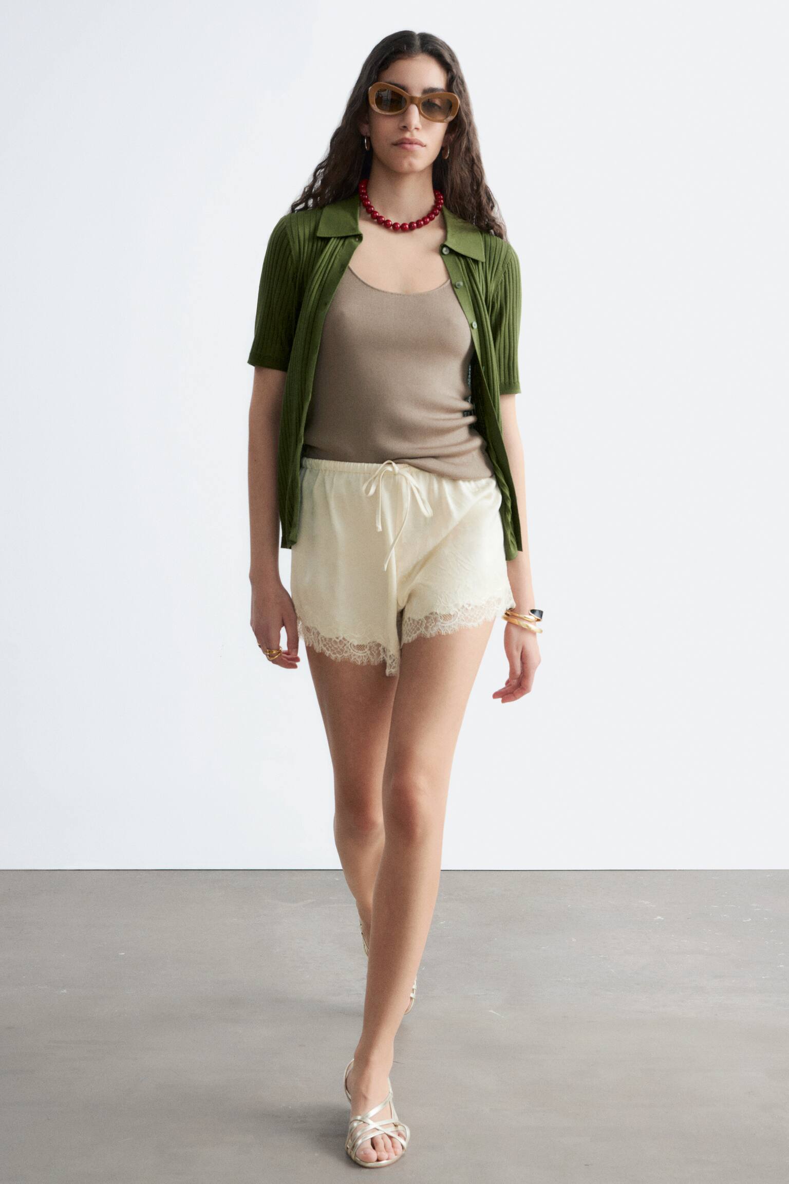 Mini calções jacquard com painel de renda - Bege claro/Castanho escuro - 6