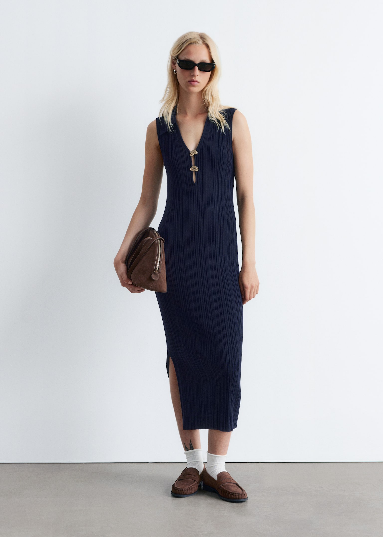 Rib-Knit Collared Midi Dress - Dark Blue