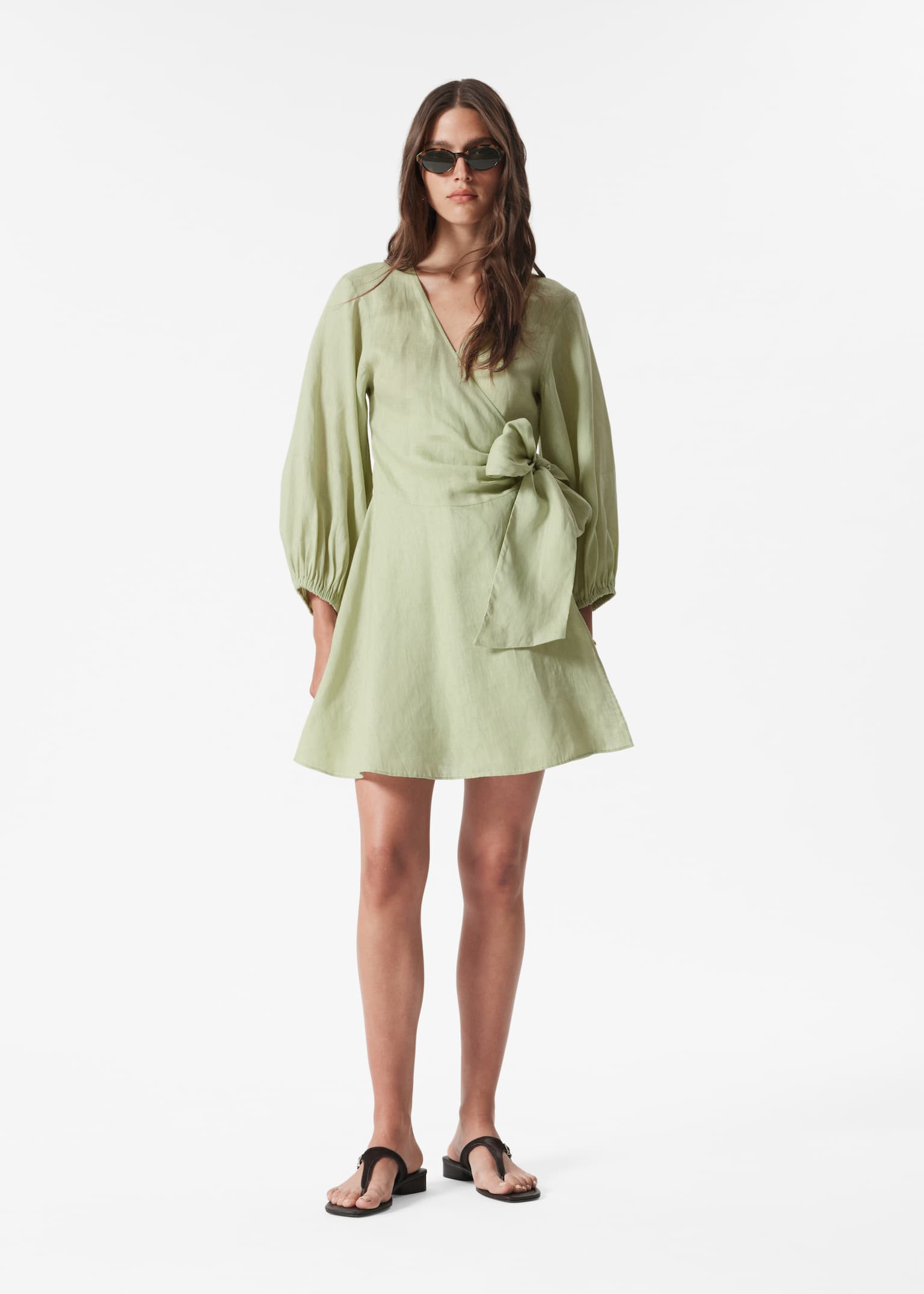 Linen Wrap Mini Dress - Light Green/Black