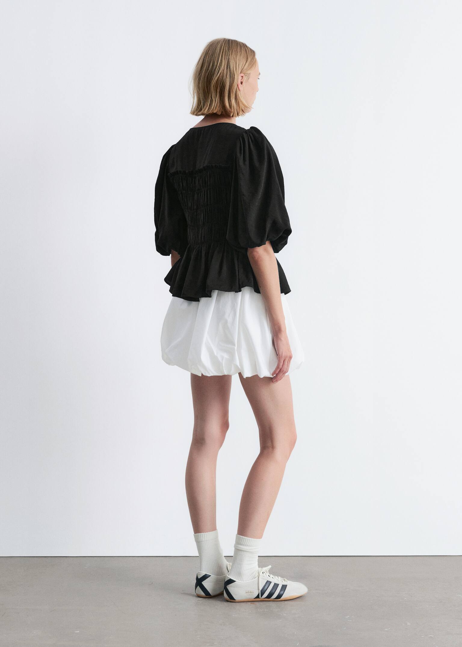 Smocked Puff-Sleeve Blouse - Black - 6