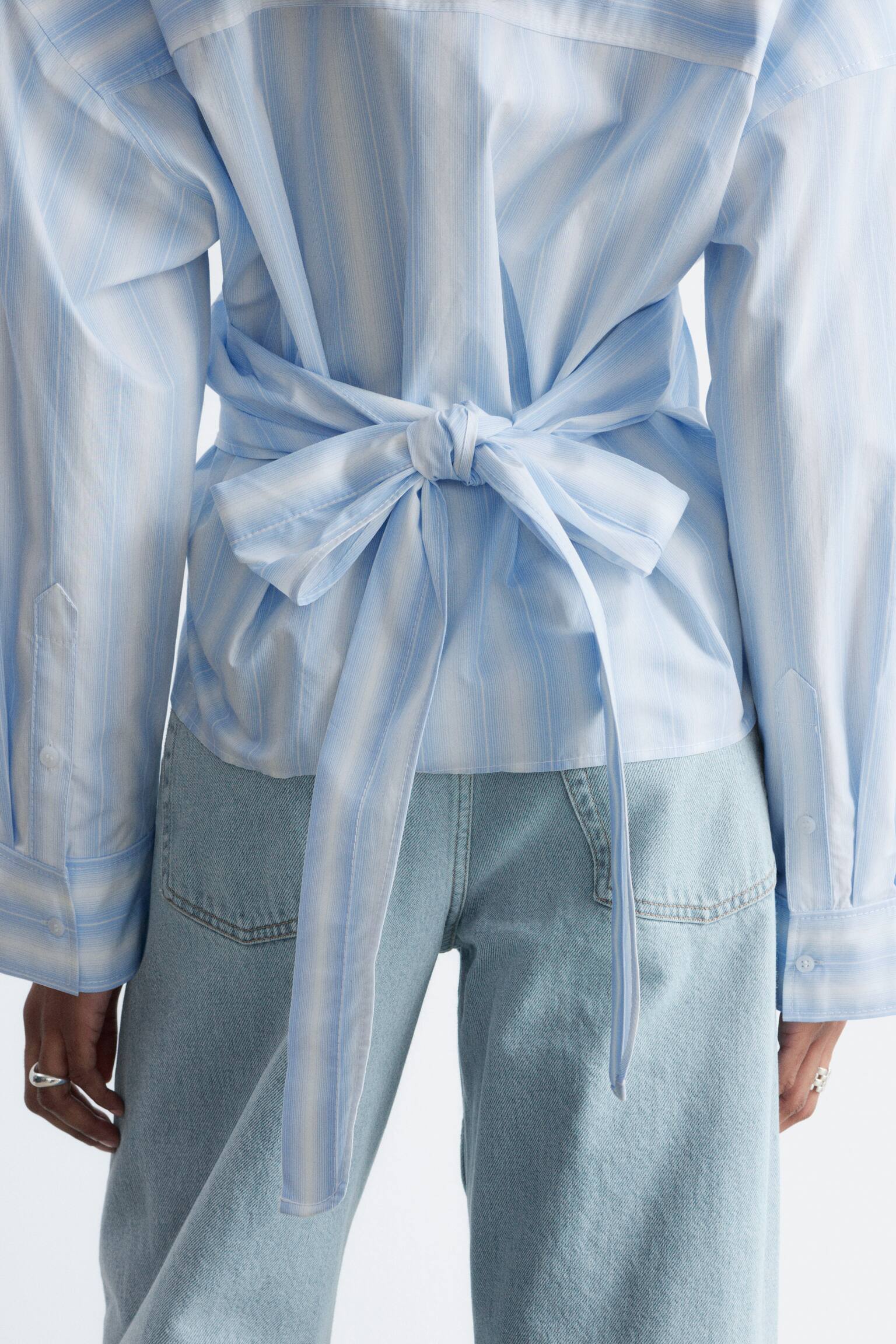 Deréknál Megkötős Pamut Ing - Kék/Fehér Csíkos - 6