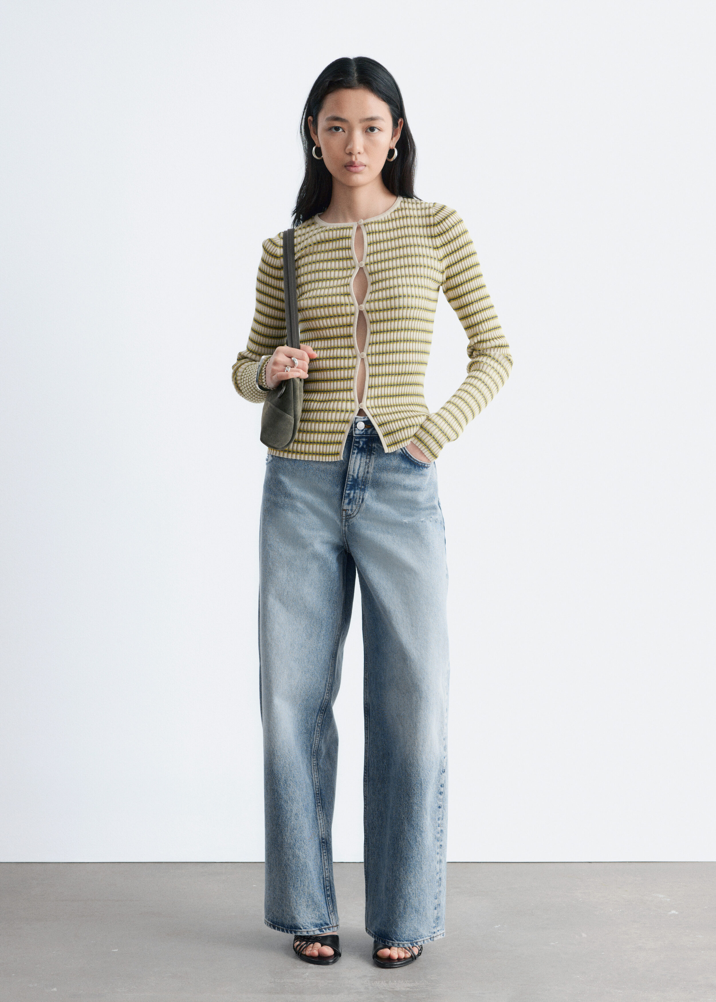 Keyhole-Front Rib-Knit Cardigan - White/Green Stripes - & Other