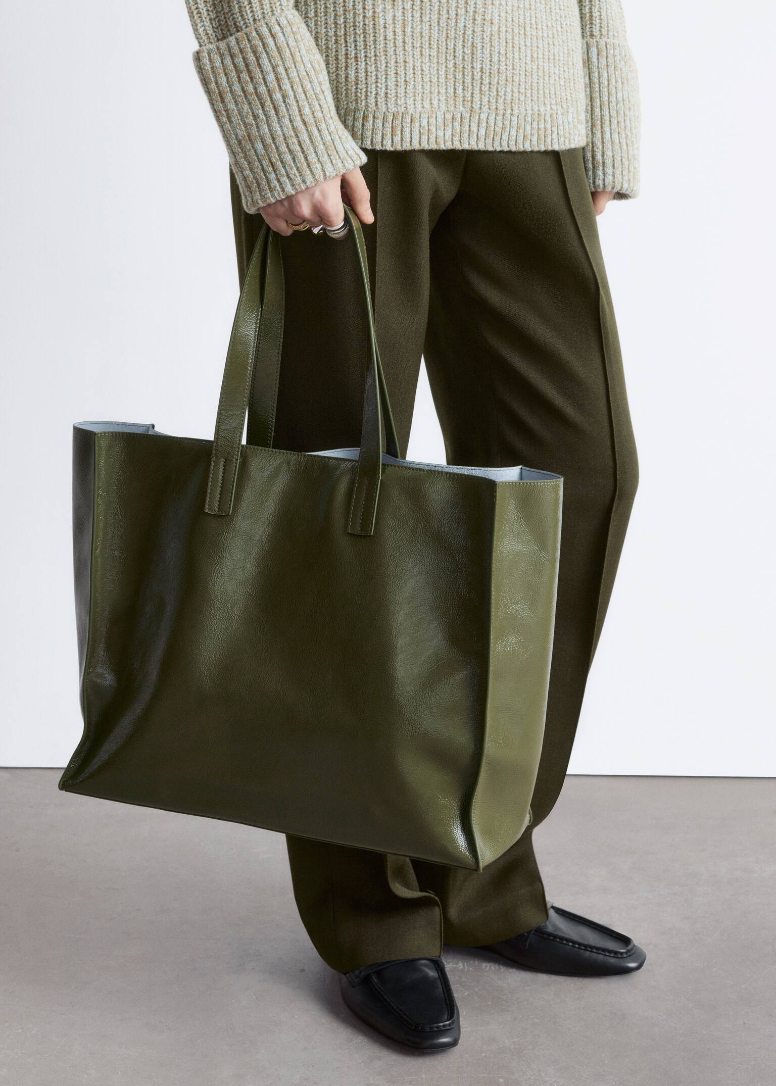 Leather Tote Bag - Khaki Green/Patent Dark Brown - 3