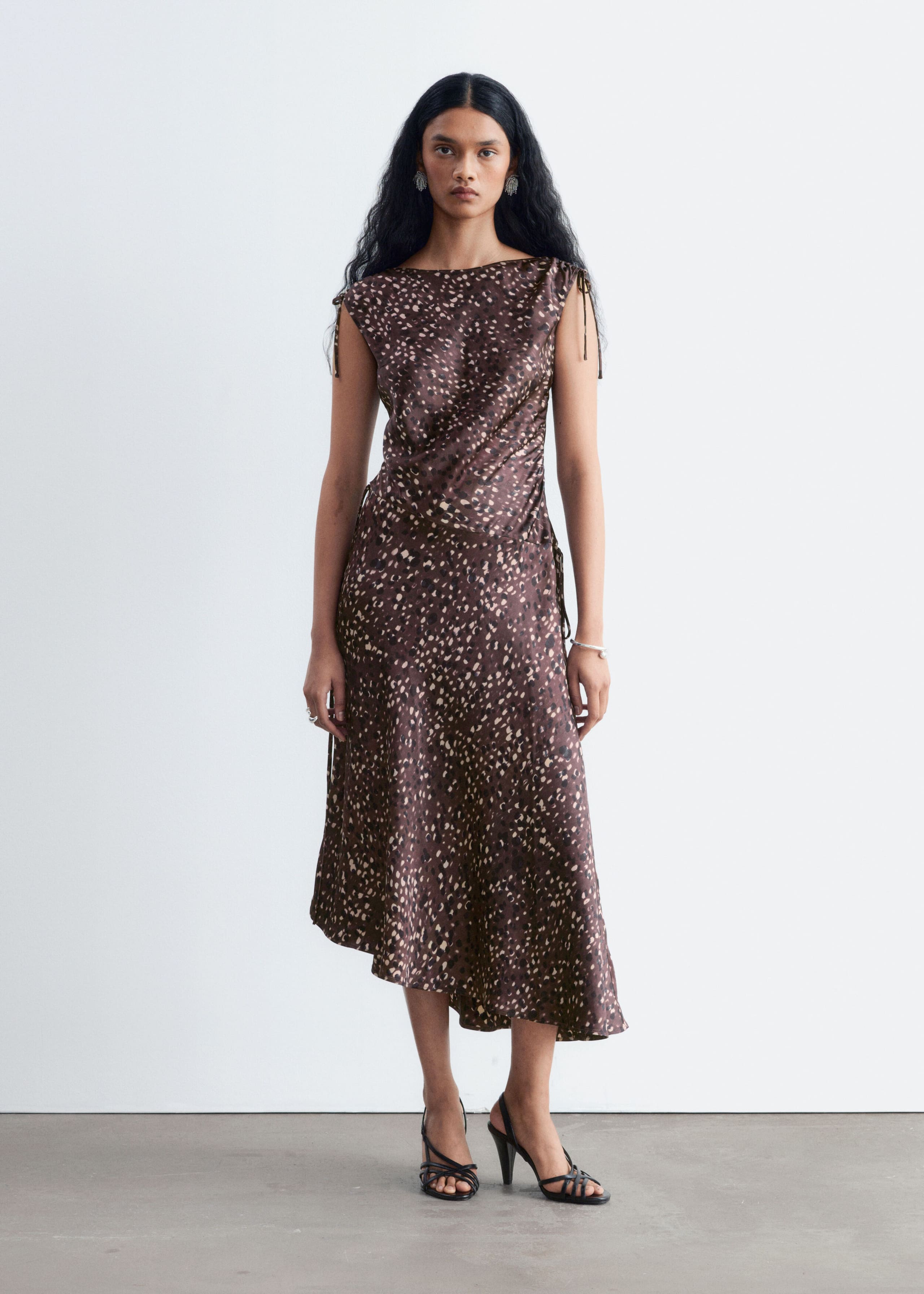 Asymmetric Satin Dress Dark Brown/Print