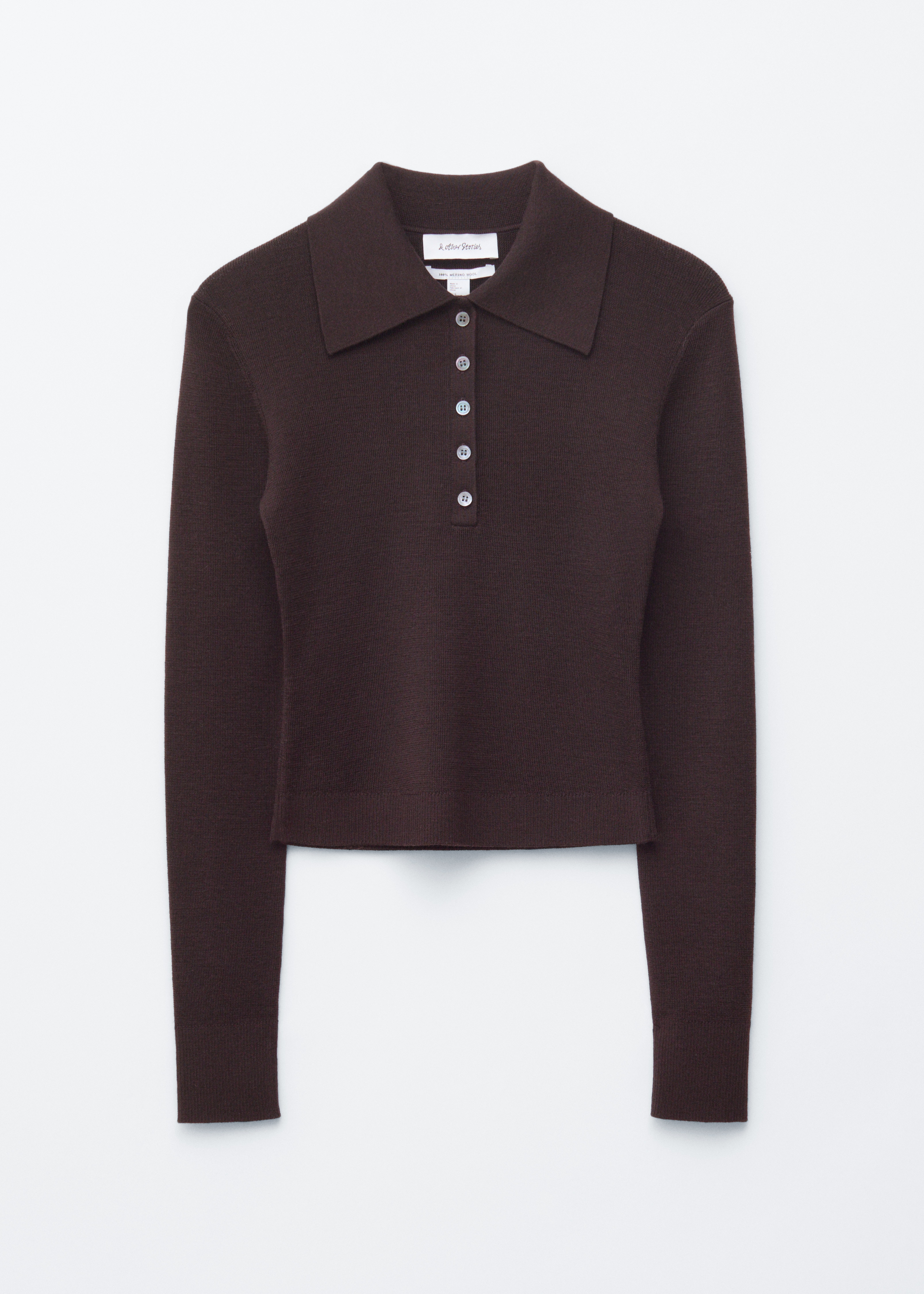 Поло топ от рипсено плетиво от мериносова вълна - Тъмнокафяво/сив меланж/Праскова