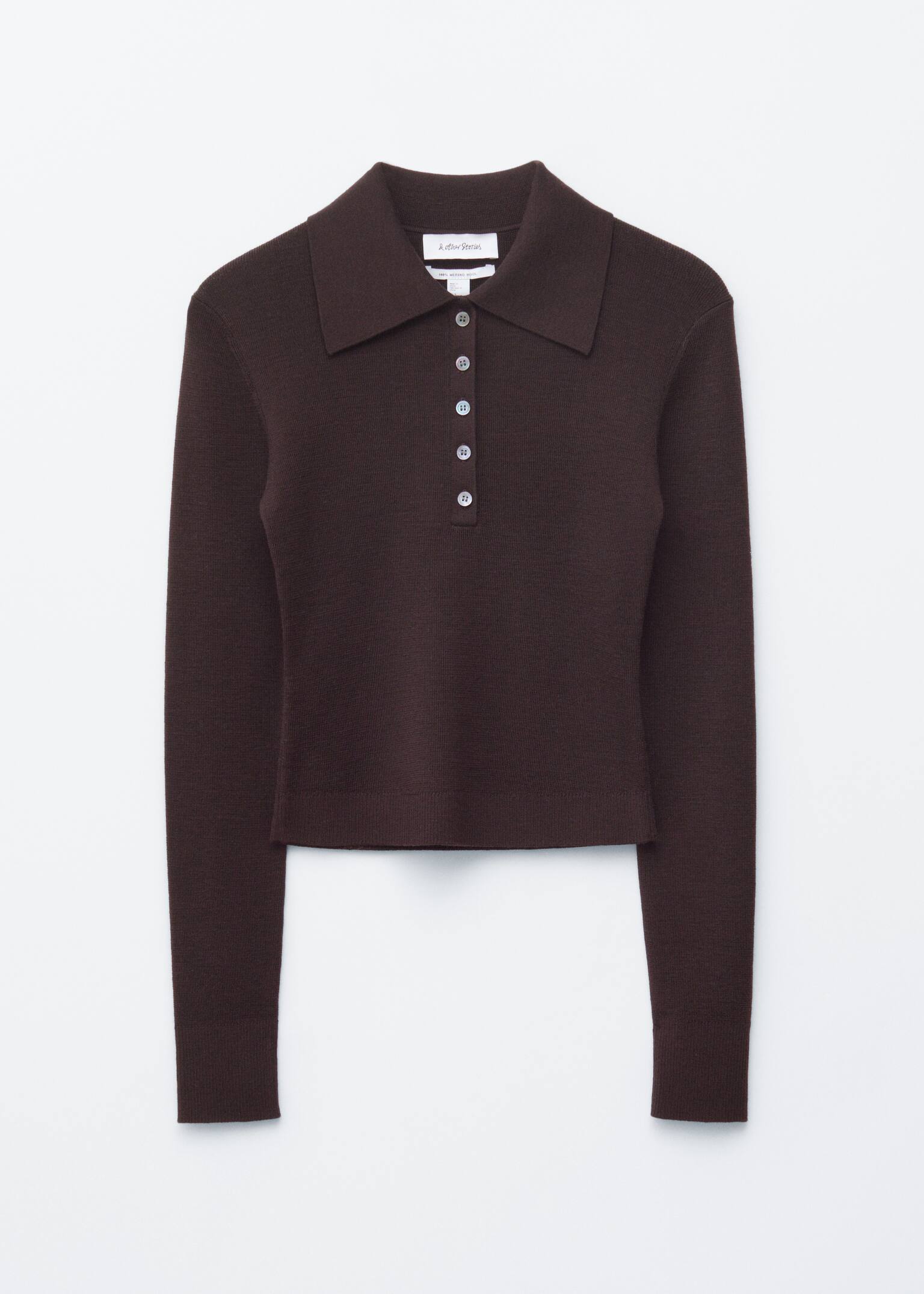 Ribgebreid poloshirt van merinowol - Donkerbruin/Perzik/Grijs gemêleerd - 2