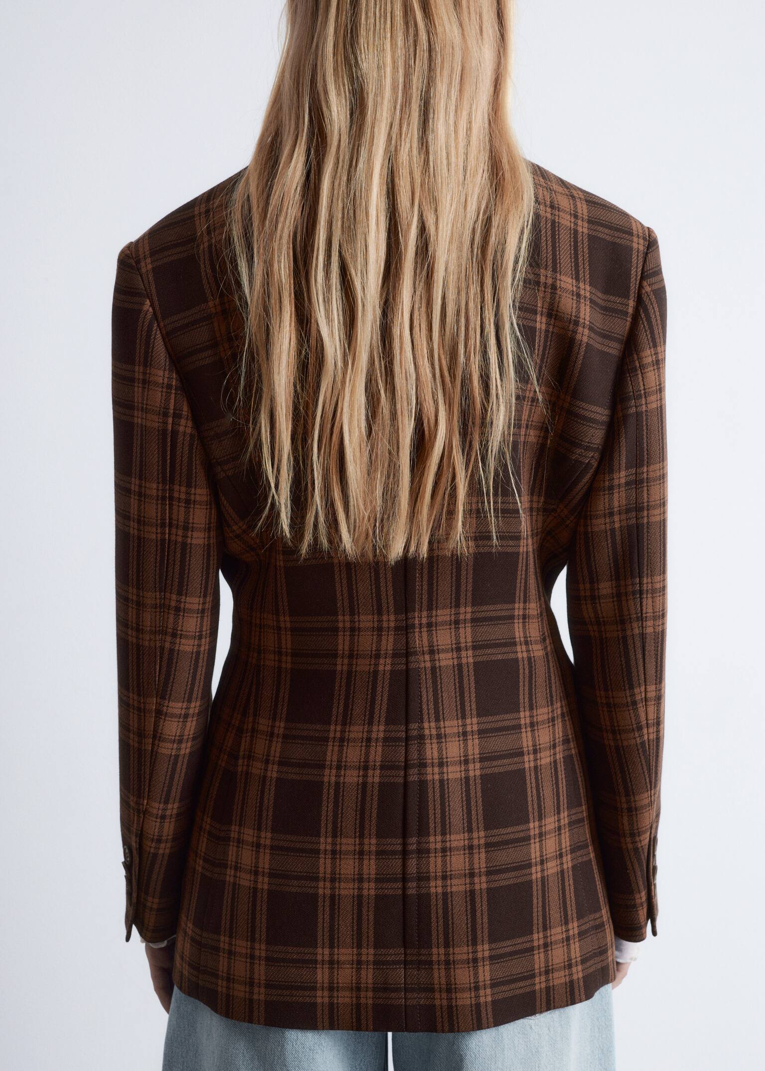 Fitted Shoulder-Pad Blazer - Brown Checked/Dusty Blue - 4