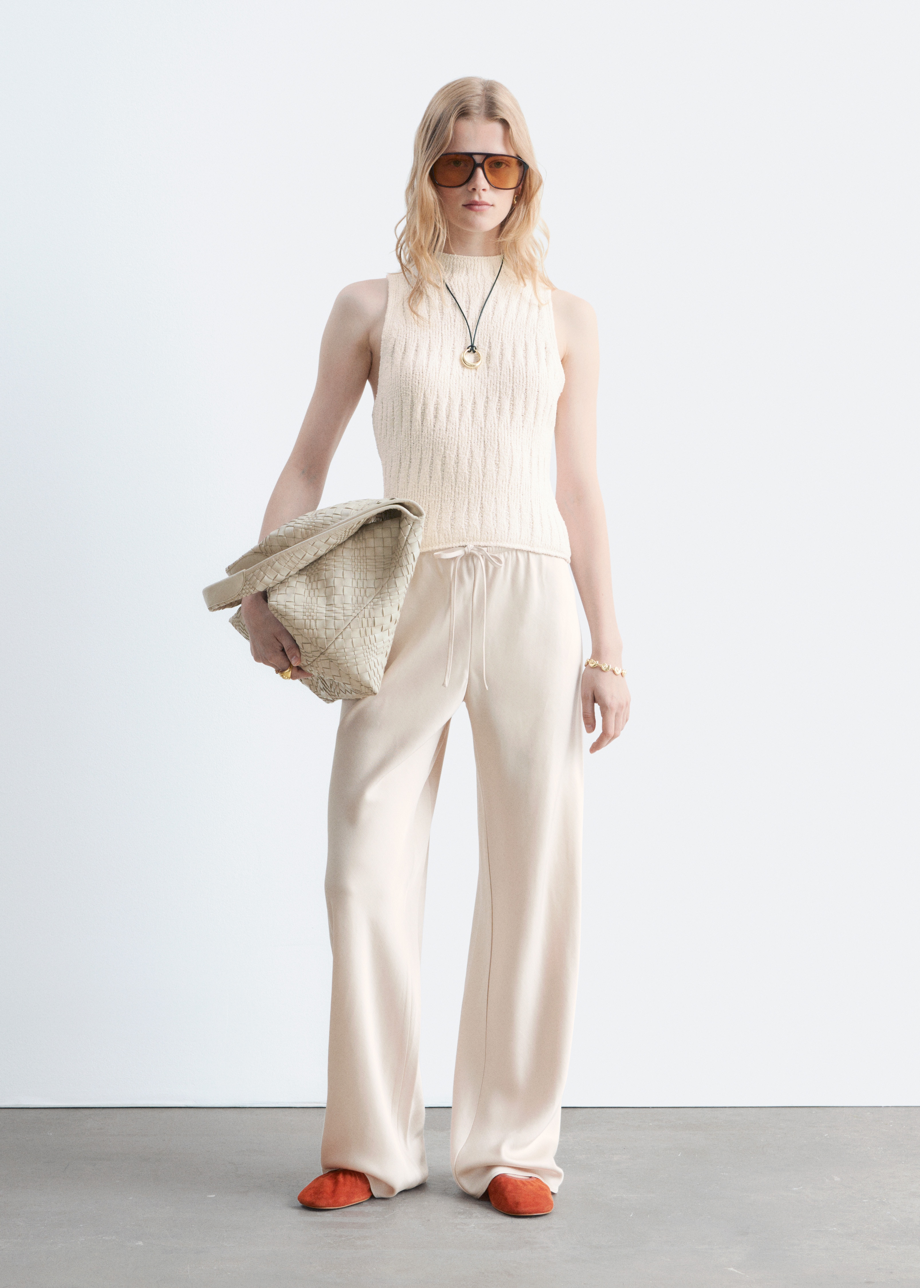 Satijnen broek met elastische taille - Beige/Donkerbruin/Beige/Zwart