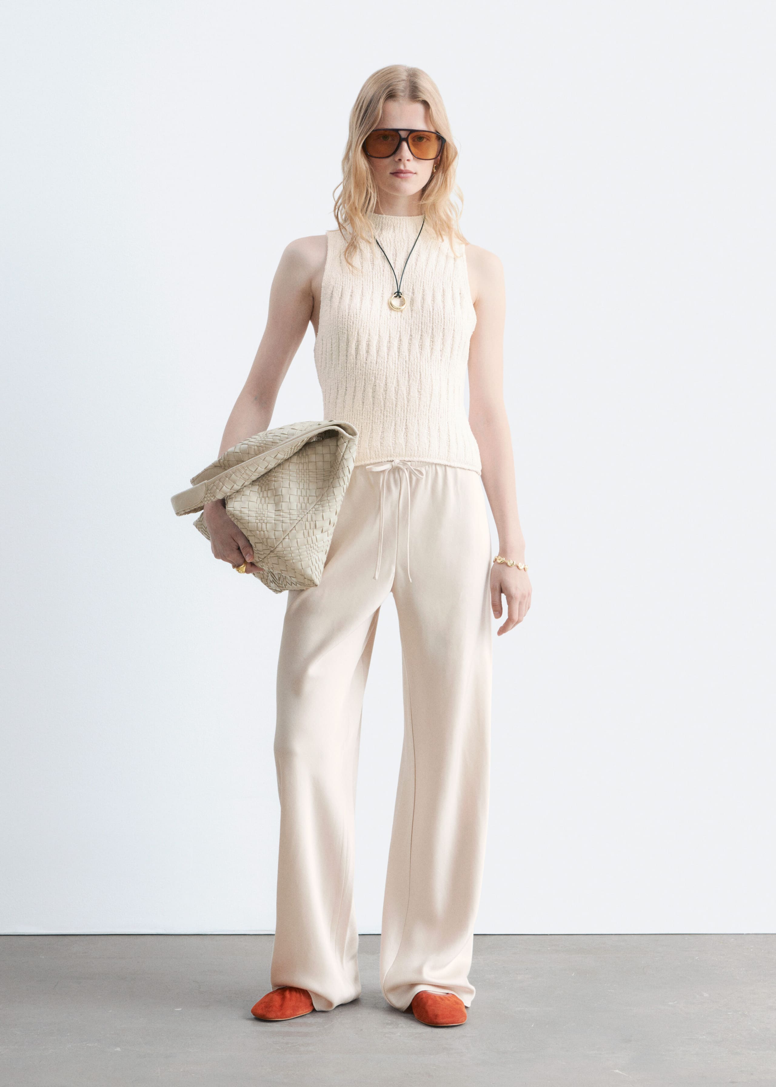 Satin Pull-On Trousers - Beige - Lookbook