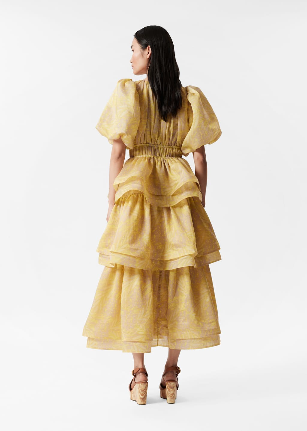 Tiered Puff-Sleeve Maxi Dress - Yellow jacquard - Lookbook