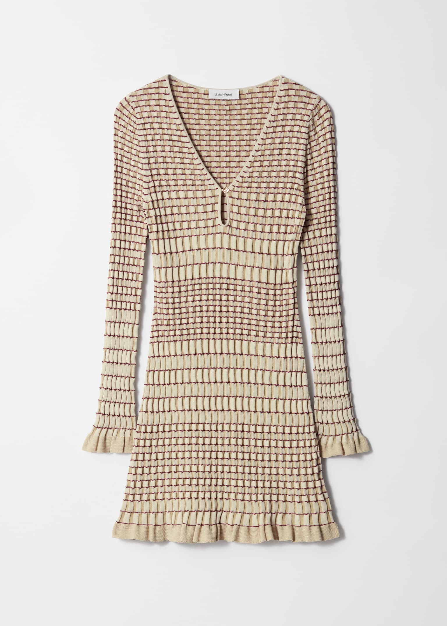 Langärmliges Mini-Strickkleid - Beige/Gemustert - 2