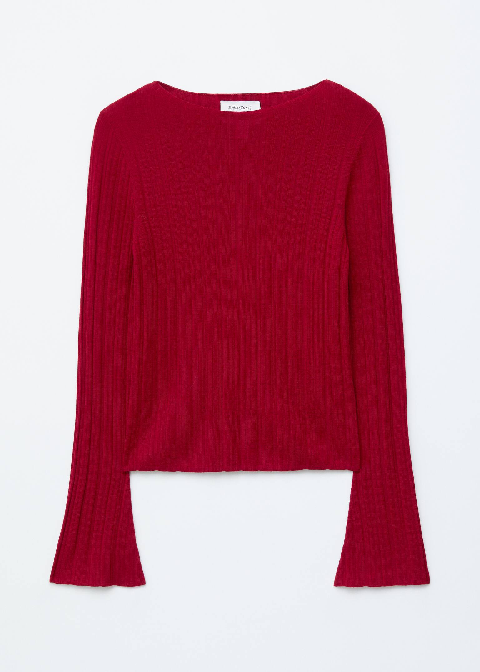 Rib-Knit Wool Boatneck Top - Red/Dark Brown/Dark Red - 2