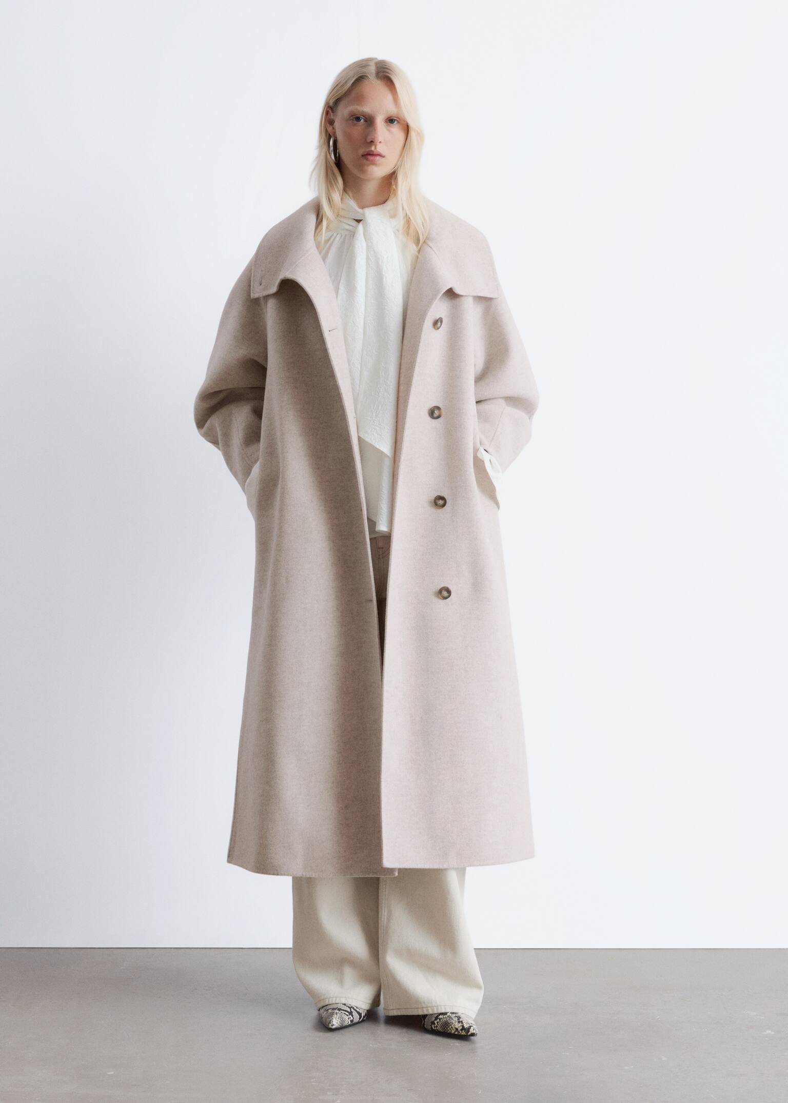 Funnel-Collar Wool Coat - Beige