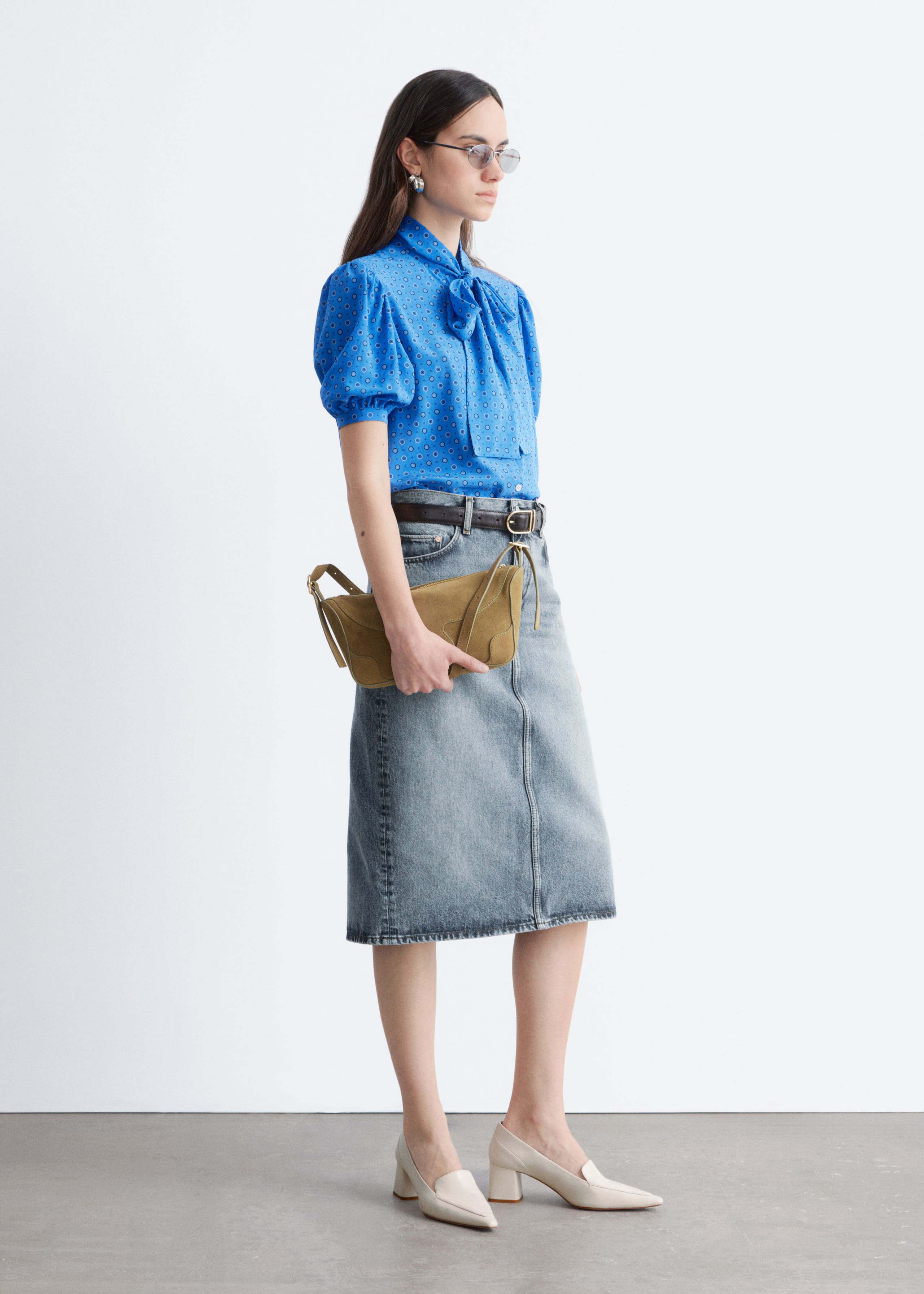 Image of Printed Tie-Neck Silk Blouse