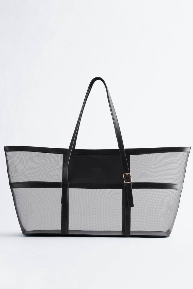 Leather Detail Mesh Tote - Black - 1