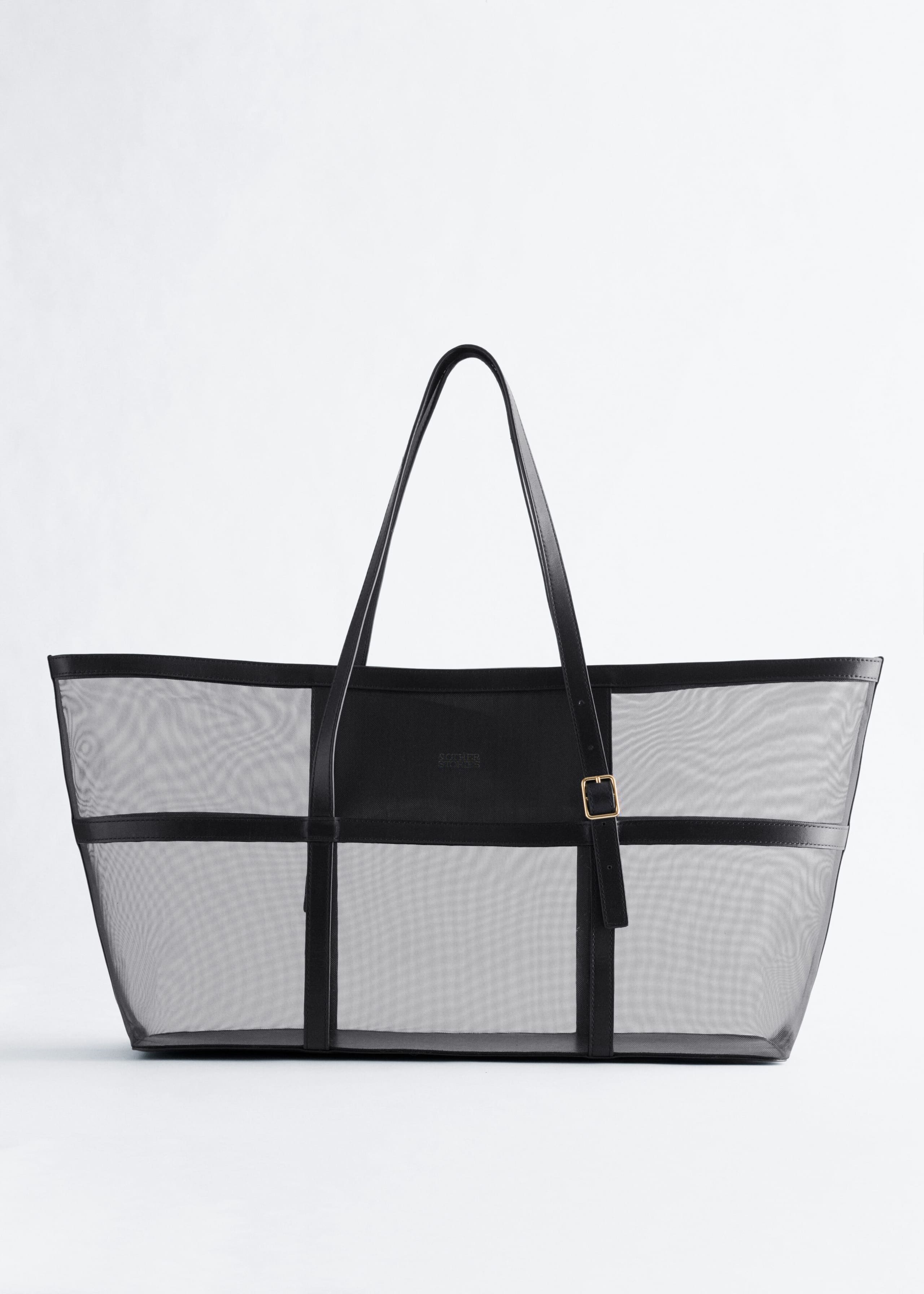 Leather Detail Mesh Tote - Black - Still Life