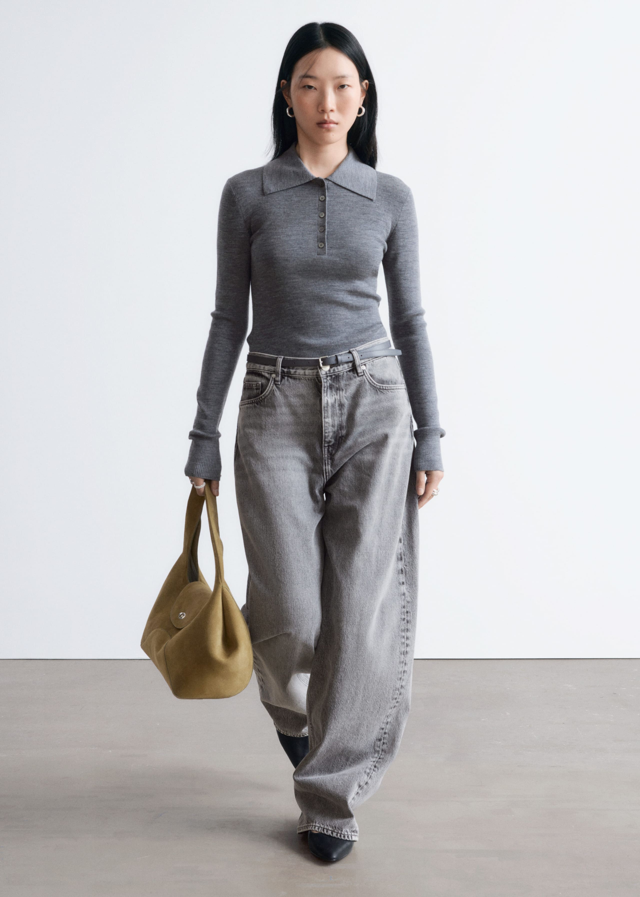 Image of Rib-Knit Merino Wool Polo Top