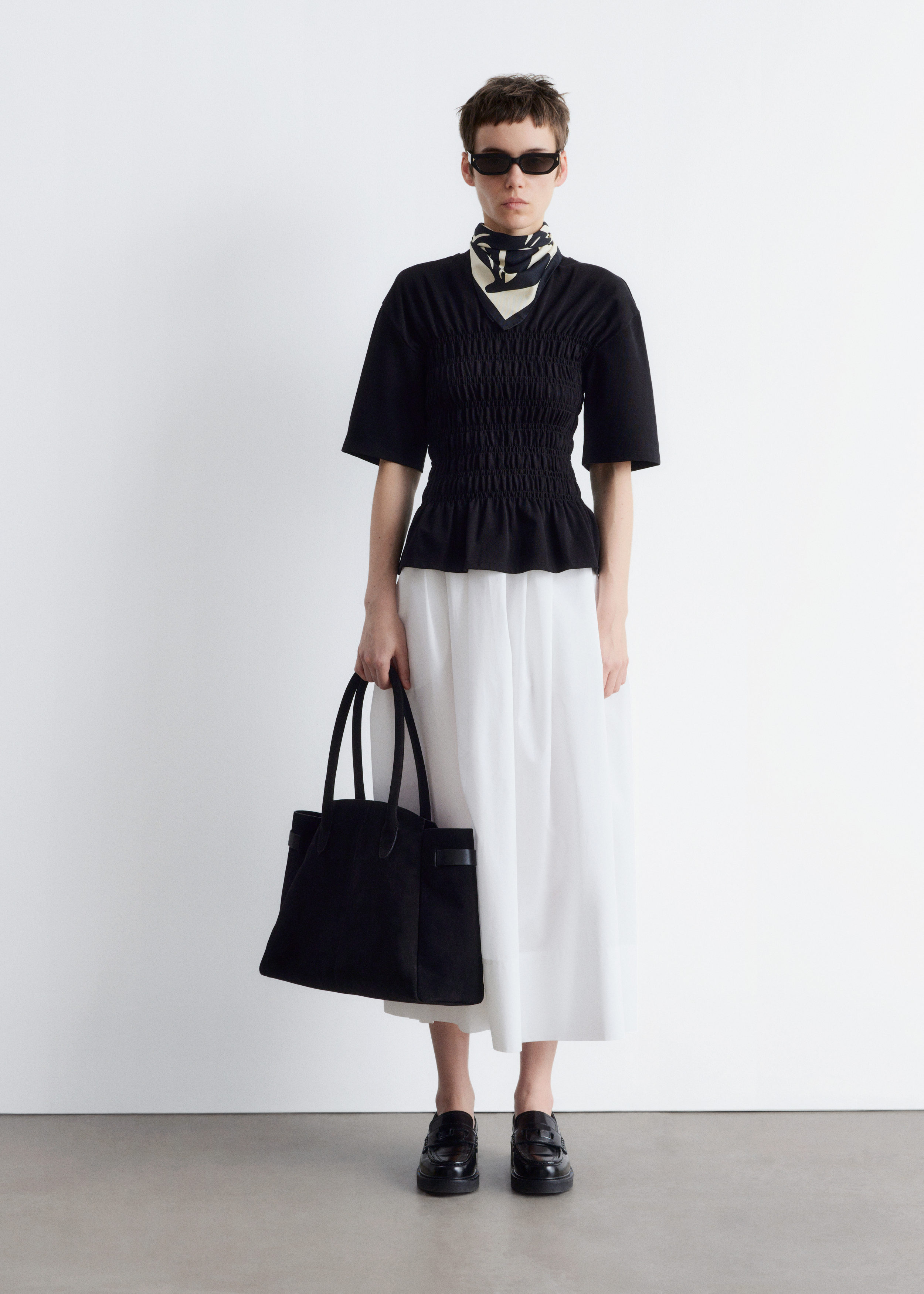Smocked Crewneck Top - Black - Lookbook